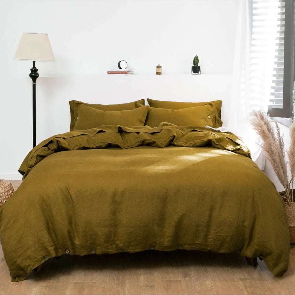 Dark Olive Green 100% Organic Linen Duvet Cover Set With Coconut Buttons.
