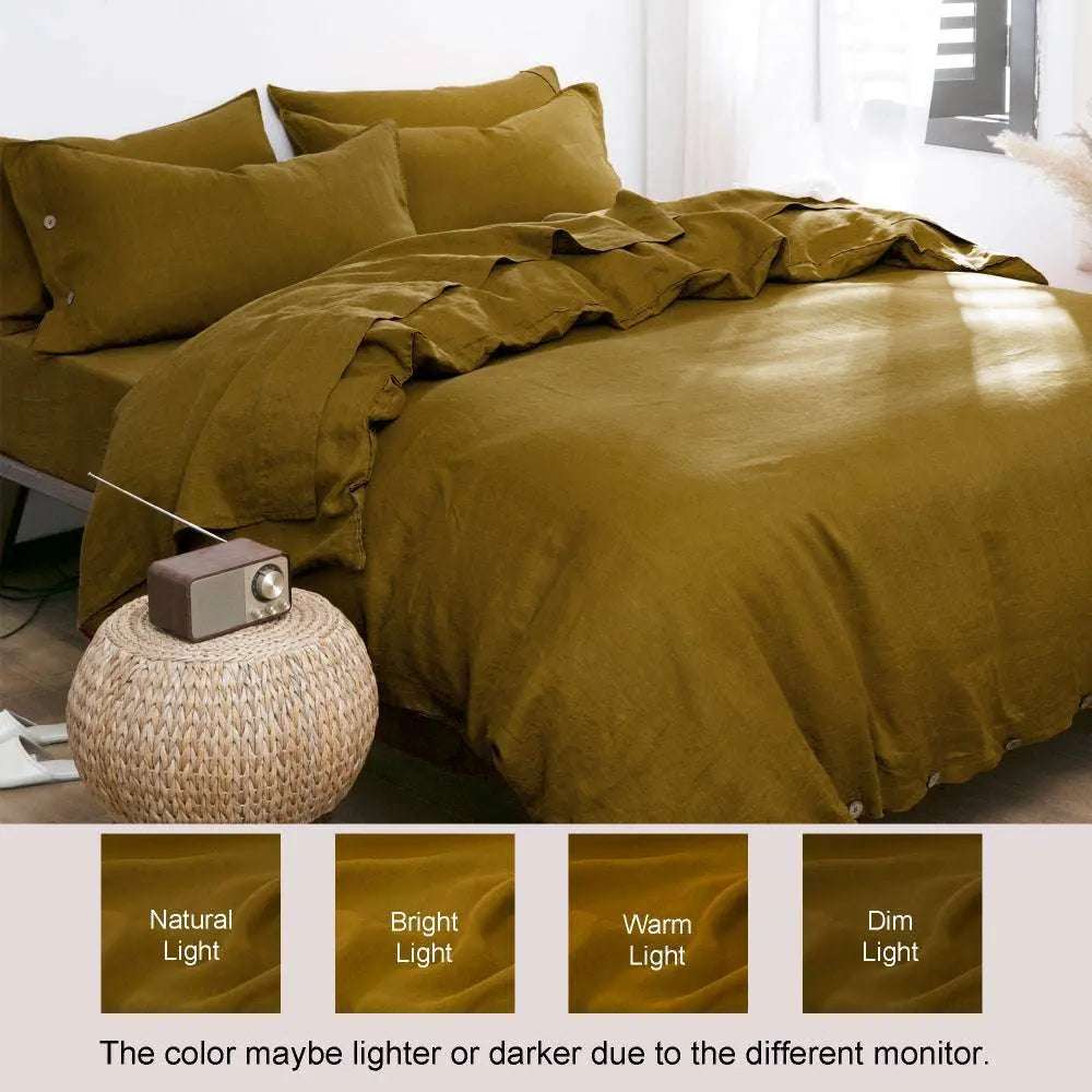 Dark Olive Green 100% Organic Linen Duvet Cover Set With Coconut Buttons.