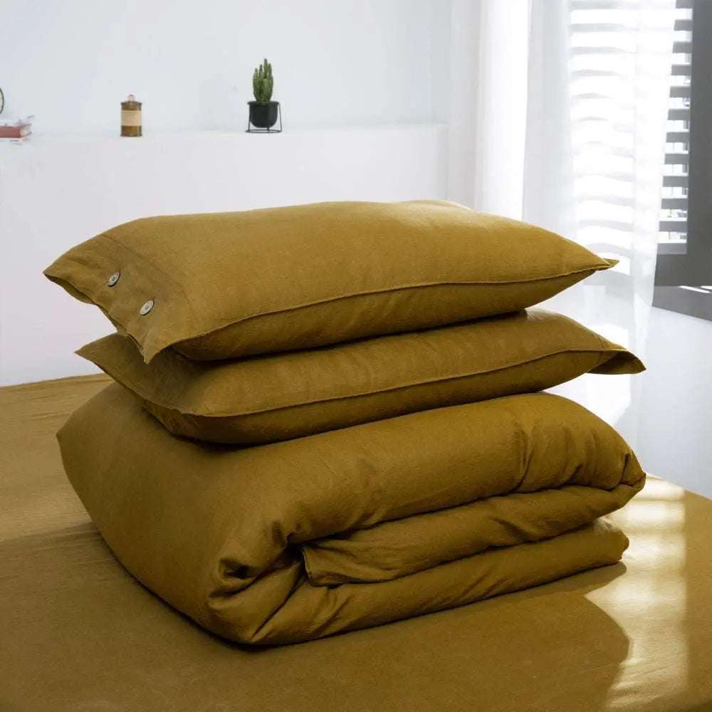 Dark Olive Green 100% Organic Linen Duvet Cover Set With Coconut Buttons.
