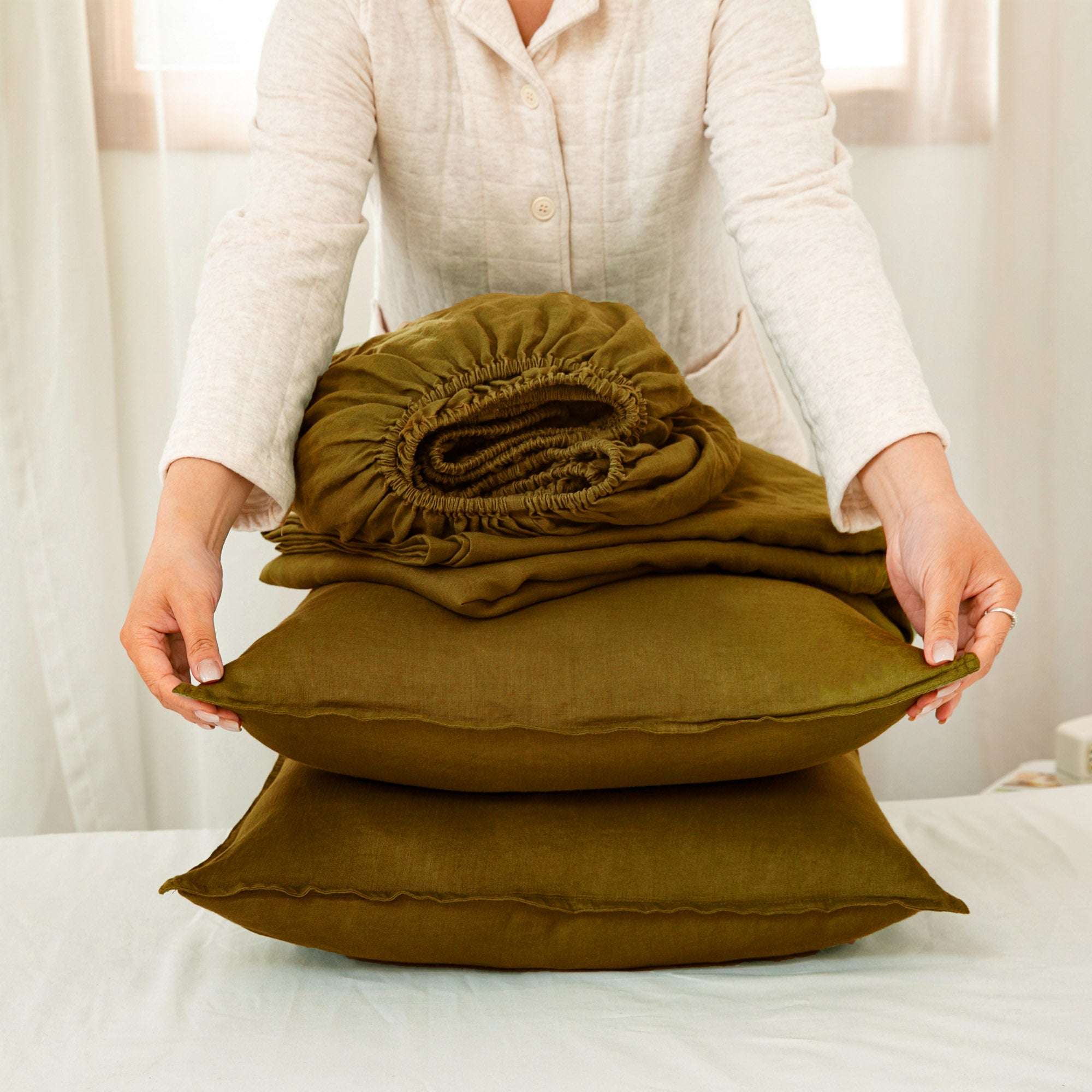 Dark Olive Green 100% Organic Linen Sheets Set-victory symbol