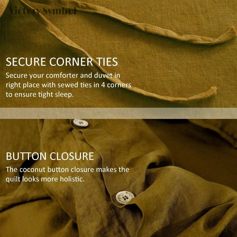 Dark Olive Green 100% Organic Linen Duvet Cover Set With Coconut Buttons - Victory Symbol
