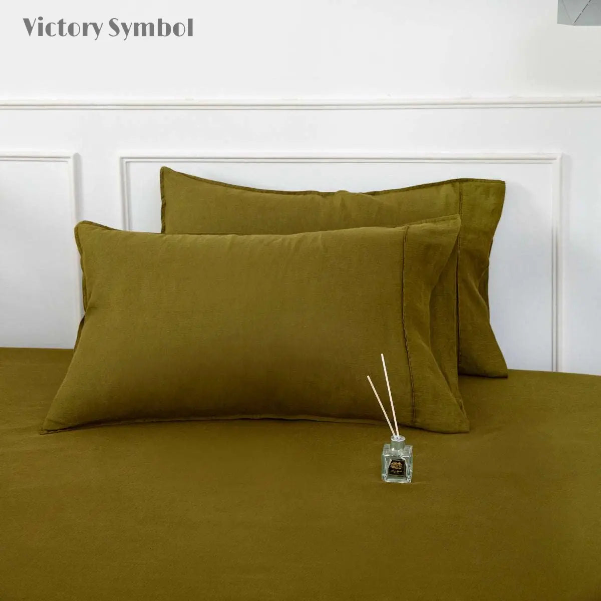 Dark Olive Green 100% Organic Linen Pillowcases - Victory Symbol