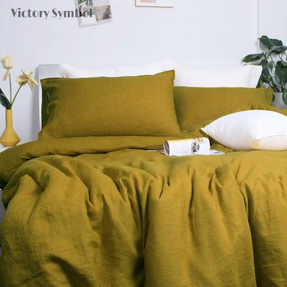 Dark Olive Green 100% Organic Linen Duvet Cover Set-victory symbol
