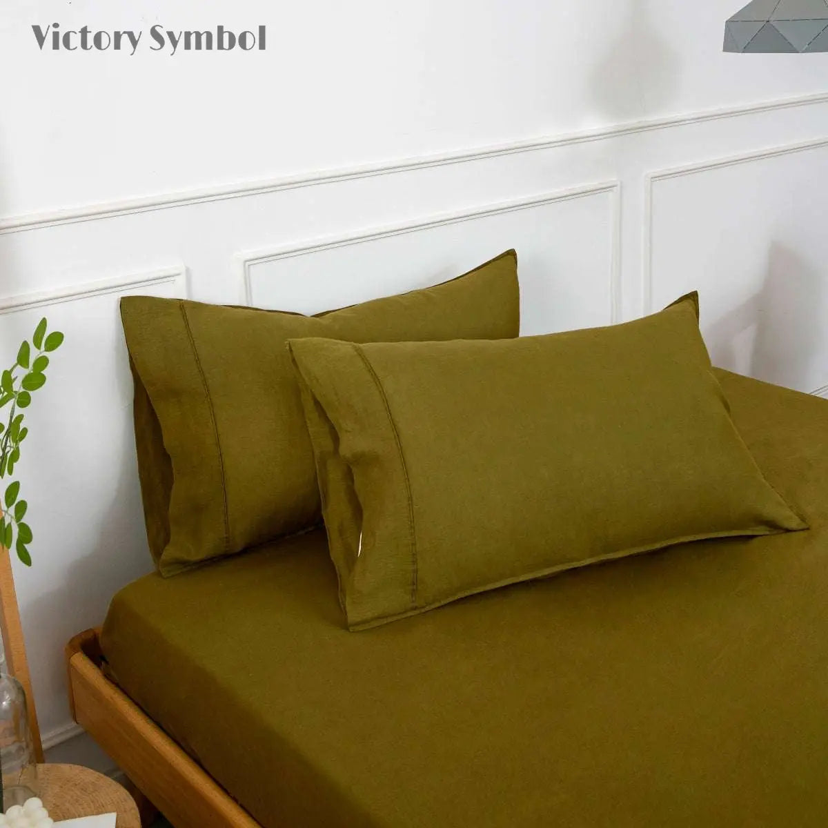 Dark Olive Green 100% Organic Linen Pillowcases - Victory Symbol