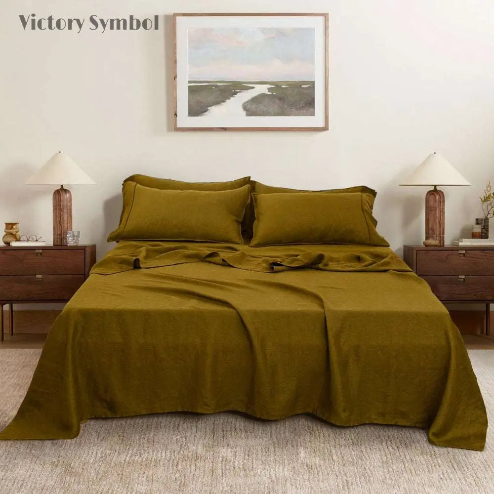 Dark Olive Green 100% Organic Linen Sheets Set - Victory Symbol