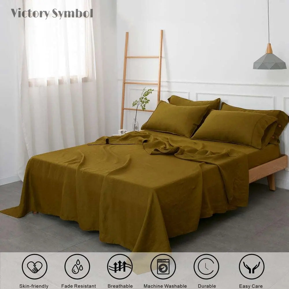 Dark Olive Green 100% Organic Linen Sheets Set-victory symbol