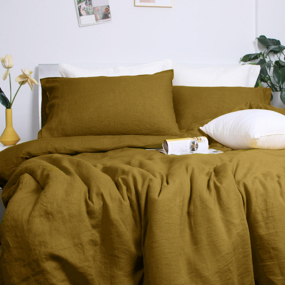 Dark Olive Green 100% Organic Linen Duvet Cover Set-victory symbol