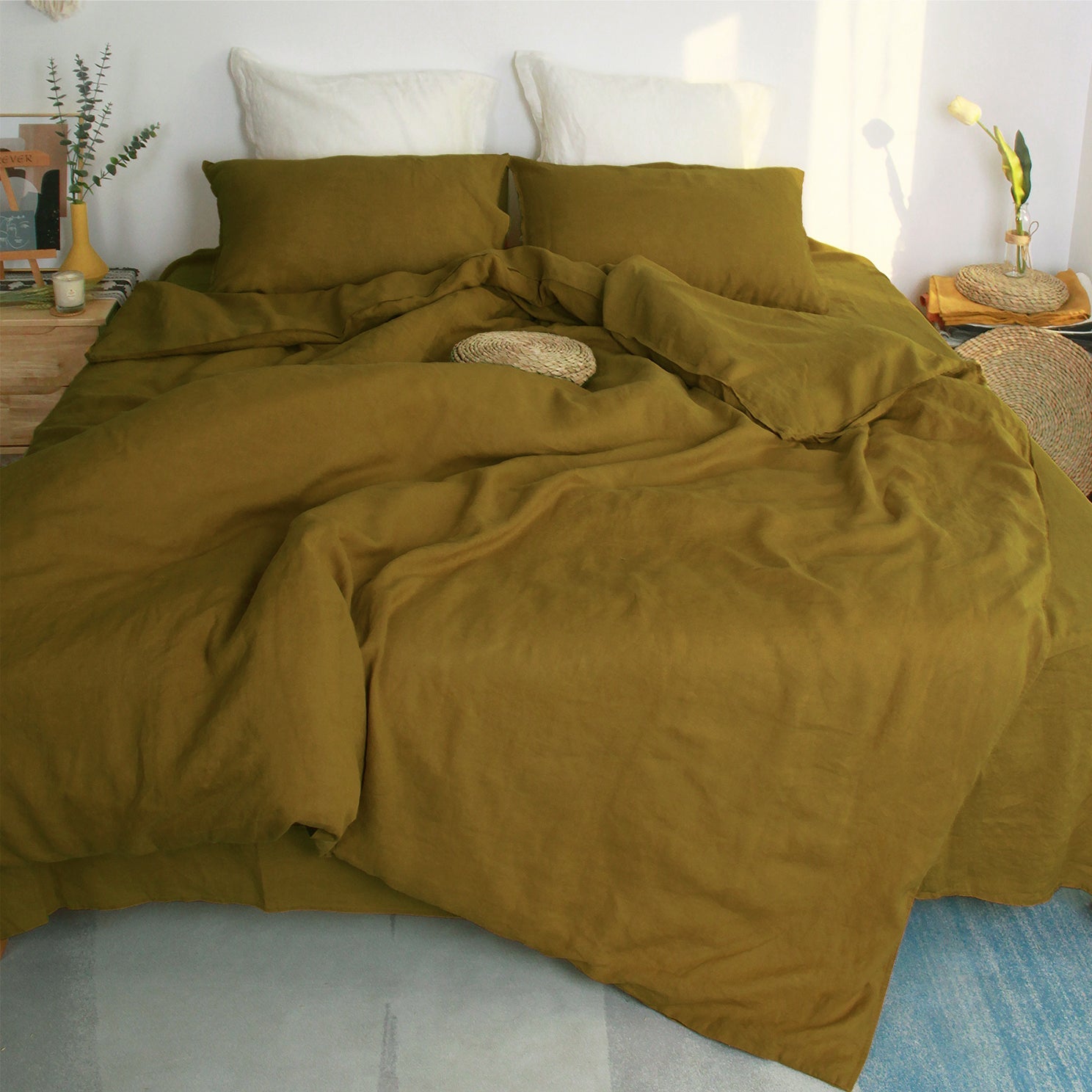 Dark Olive Green 100% Organic Linen Duvet Cover Set-victory symbol