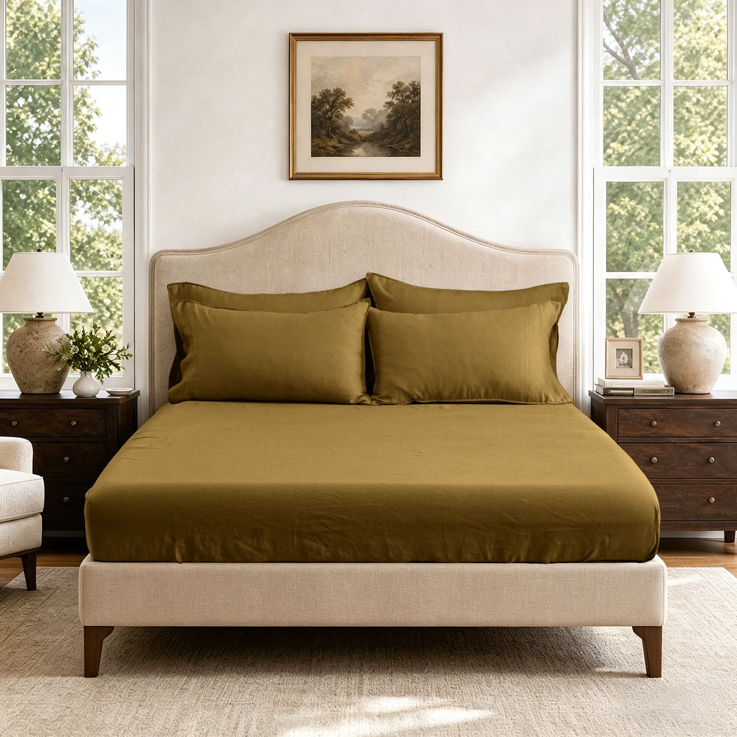 Dark Olive Green 100% Organic Linen Fitted Sheet-Victory Symbol