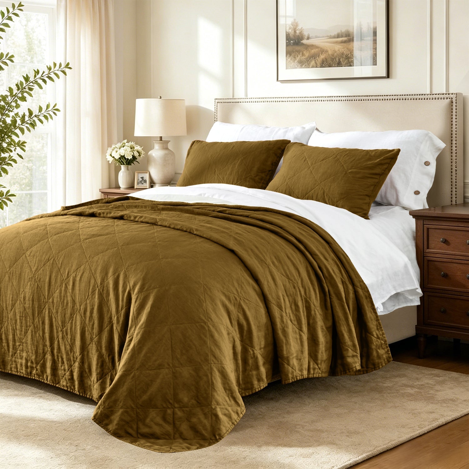 Dark Olive Green 100% Organic Linen Quilt Set-Victory Symbol