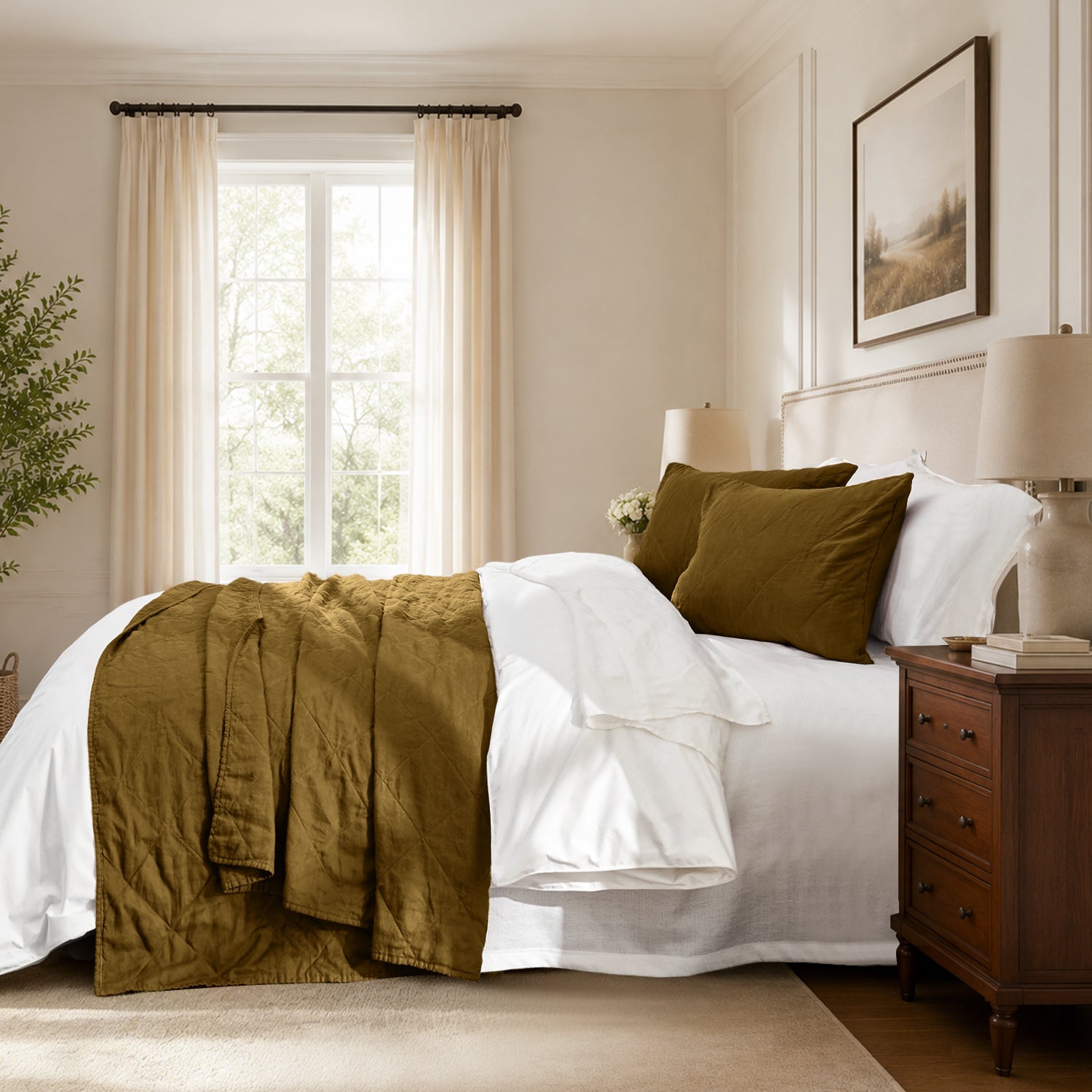 Dark Olive Green 100% Organic Linen Quilt Set-Victory Symbol