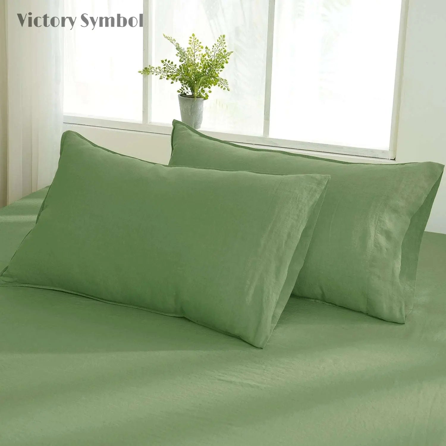Forest Green 100% Organic Linen Pillowcases - Victory Symbol