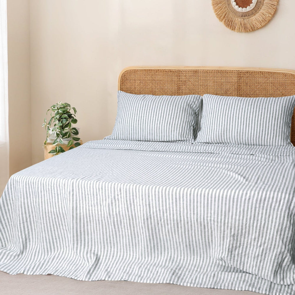 Forest Green Stripe 100% Organic Linen Yarn Dyed Flat Sheet.