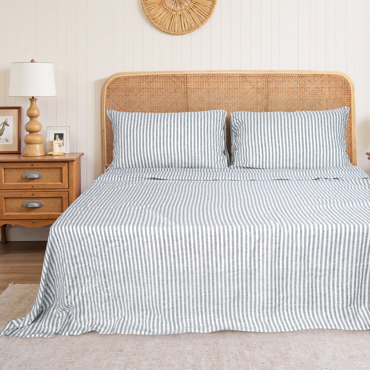 Forest Green Stripe 100% Organic Linen Yarn Dyed Flat Sheet.