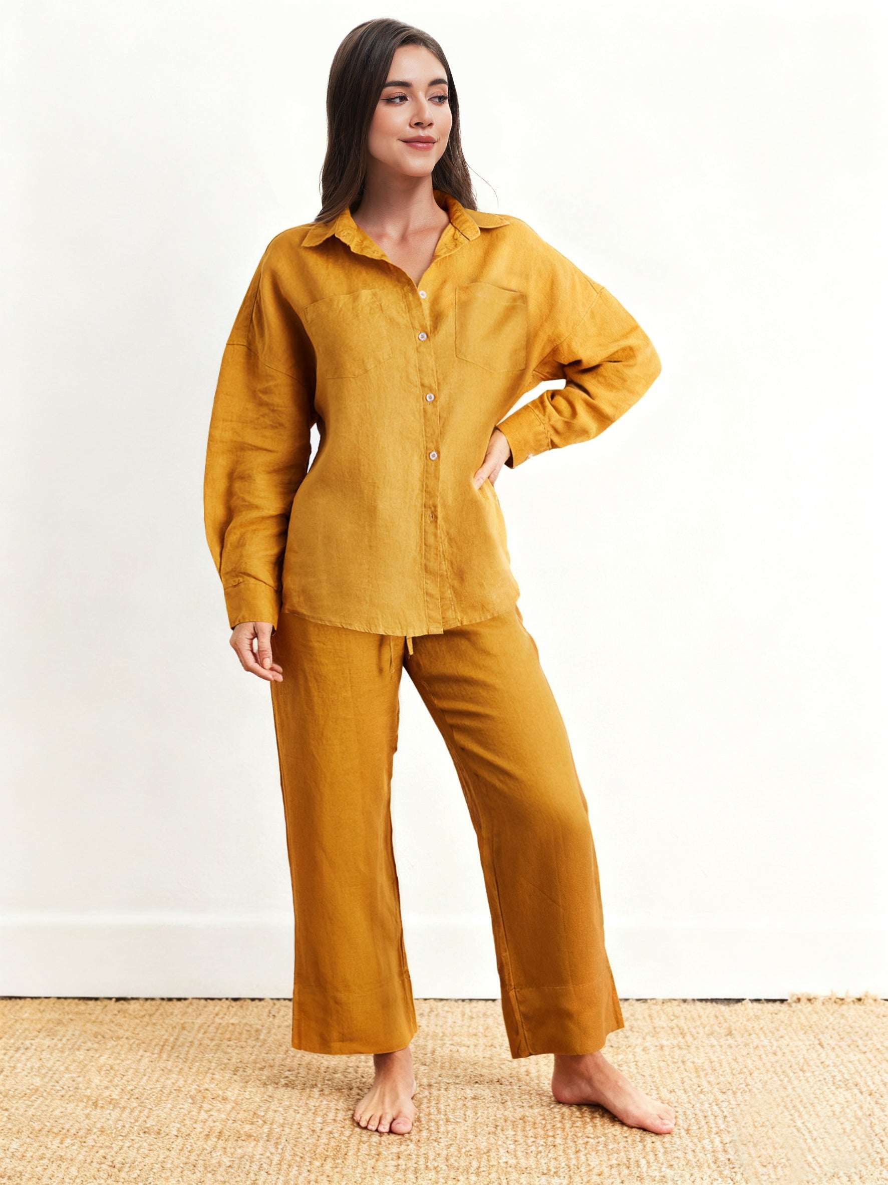 Ginger Yellow 100% Organic Linen Long Pants-Victory Symbol
