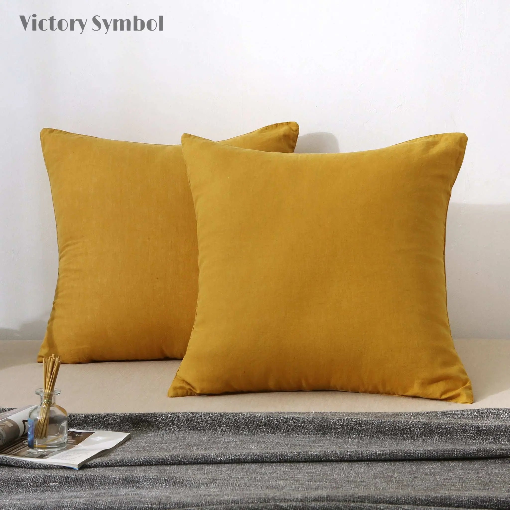 Ginger Yellow 100% Organic Linen Euro Pillowcases With Yellow Edge - Victory Symbol