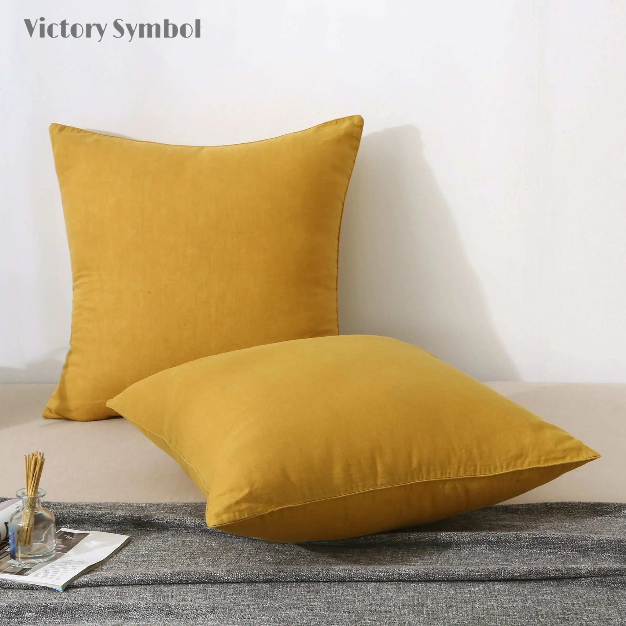 Ginger Yellow 100% Organic Linen Euro Pillowcases With Yellow Edge - Victory Symbol