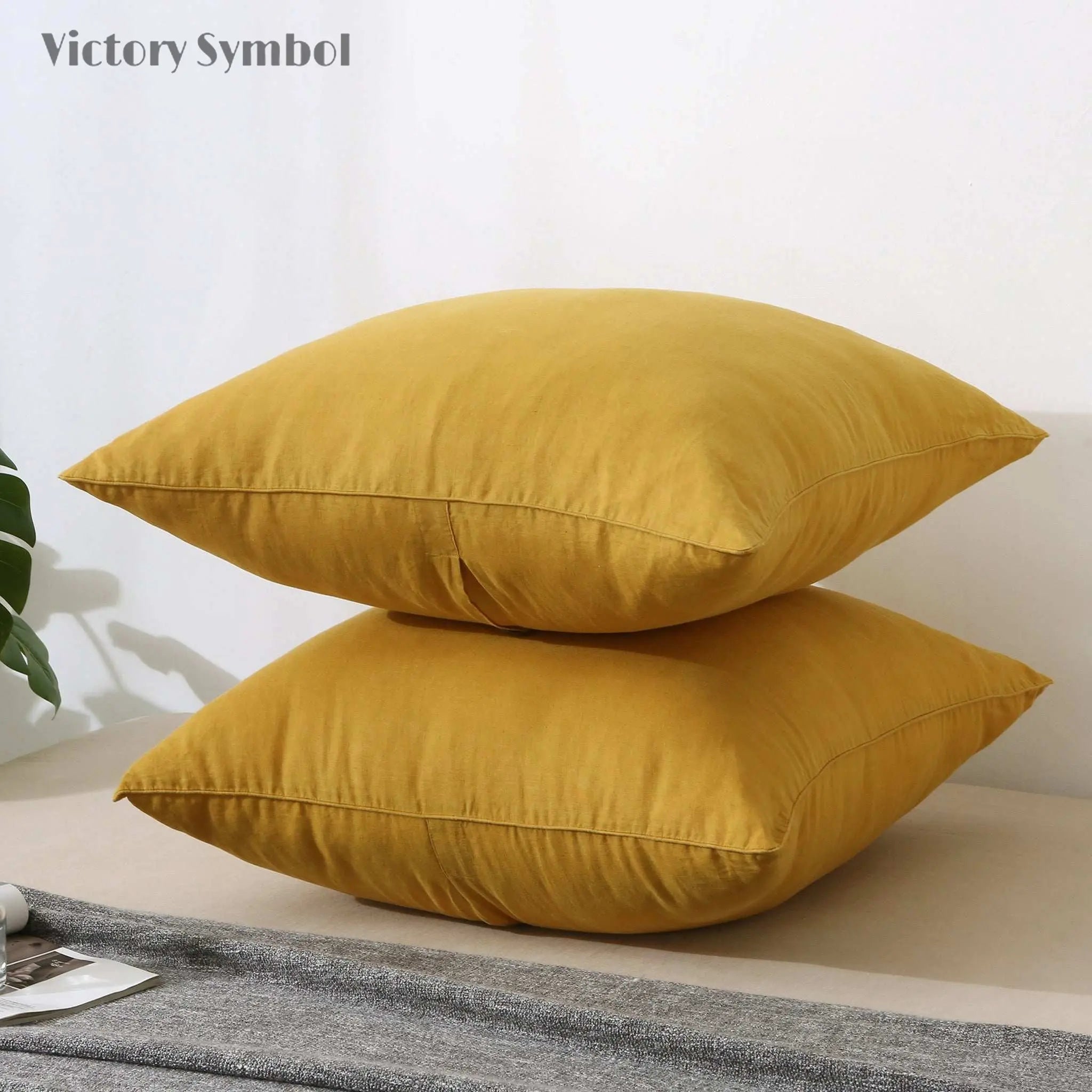 Ginger Yellow 100% Organic Linen Euro Pillowcases With Yellow Edge - Victory Symbol