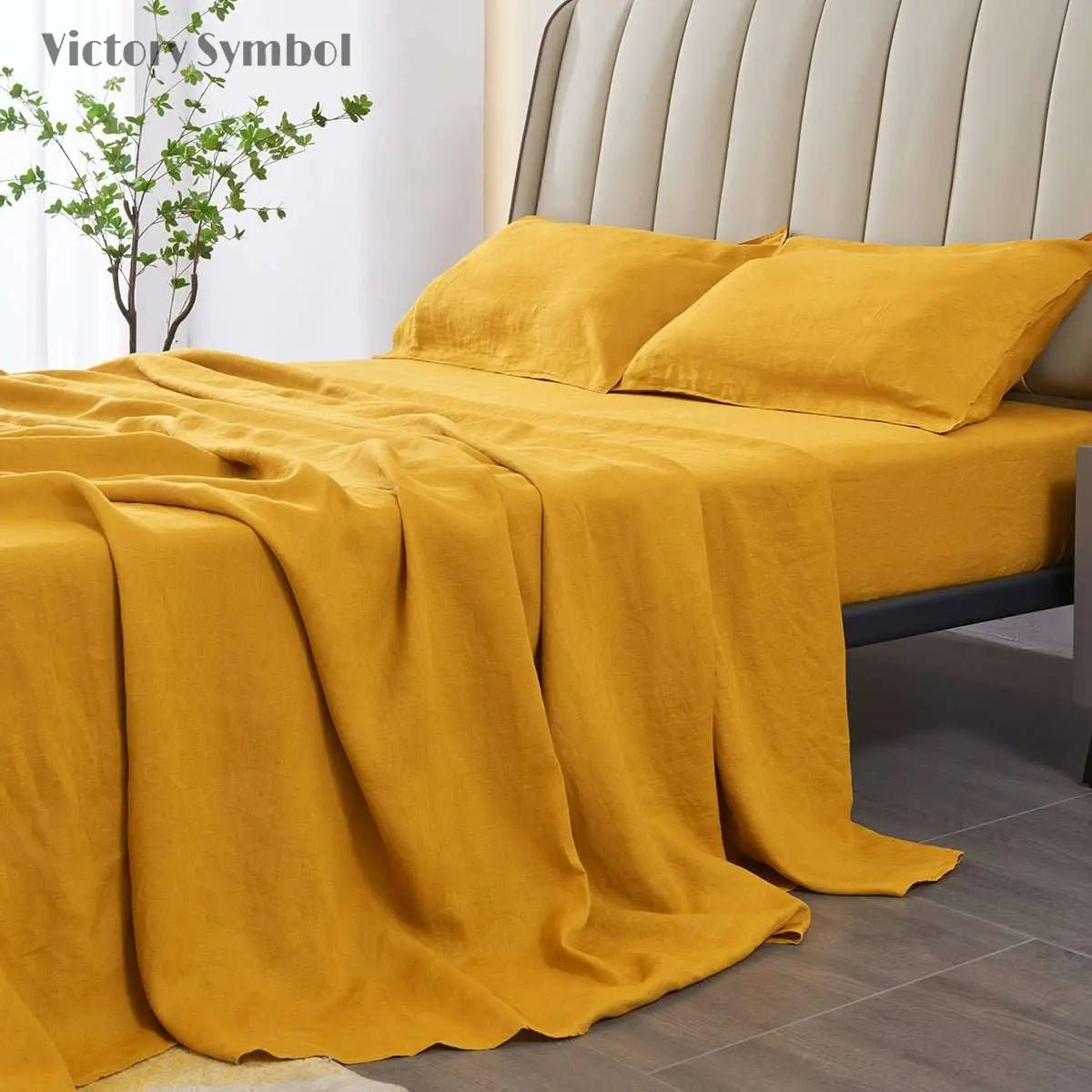 Ginger Yellow 100% Organic Linen Flat Sheet - Victory Symbol