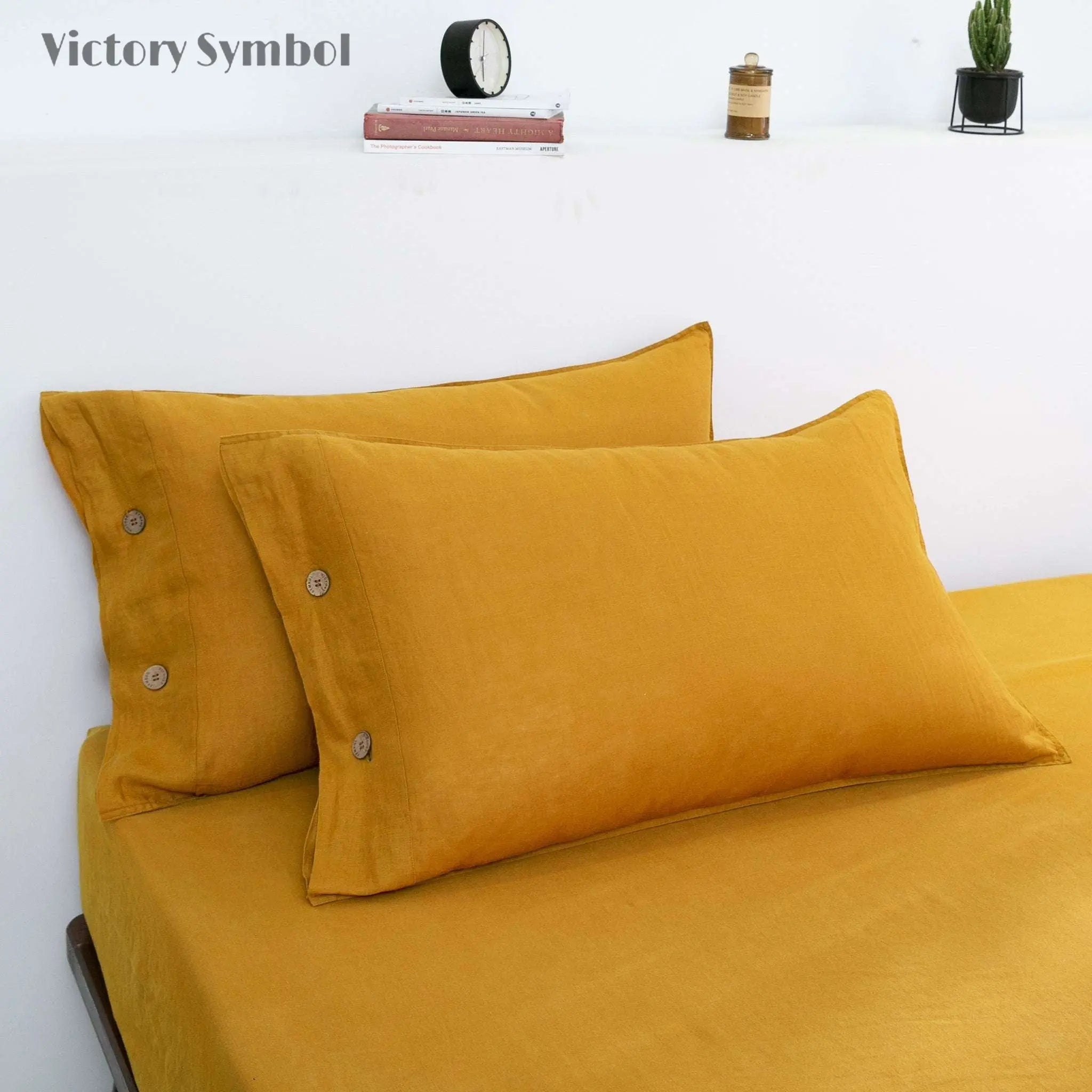Ginger Yellow 100% Organic Linen Pillowcases With Coconut Button Closure - Victory Symbol