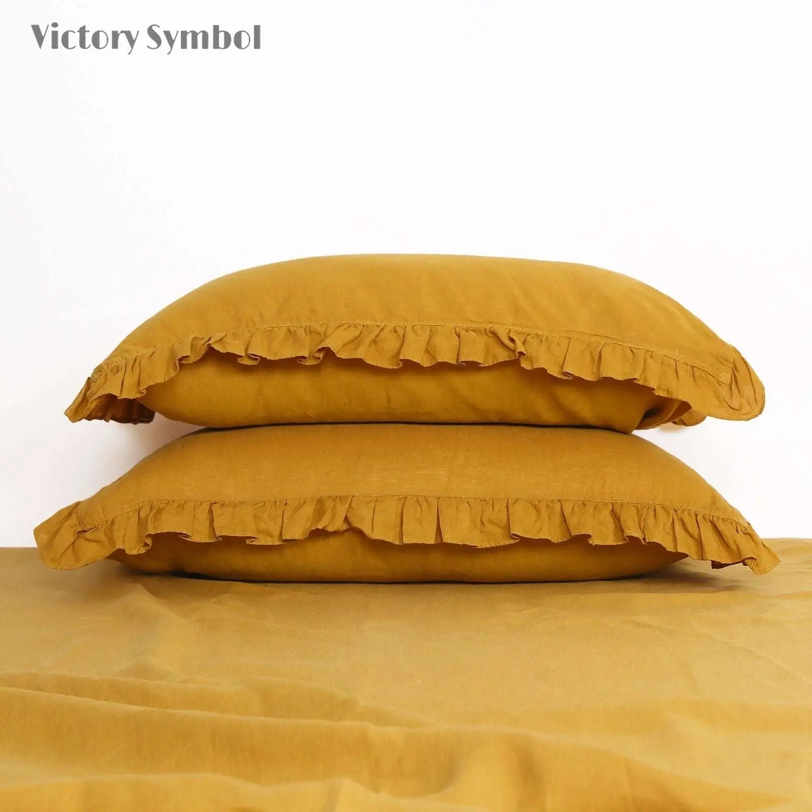 Ginger Yellow 100% Organic Linen Pillowcases with Ruffles - Victory Symbol