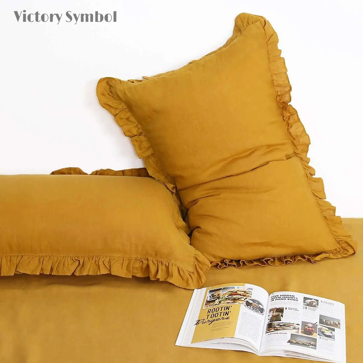 Ginger Yellow 100% Organic Linen Pillowcases with Ruffles - Victory Symbol