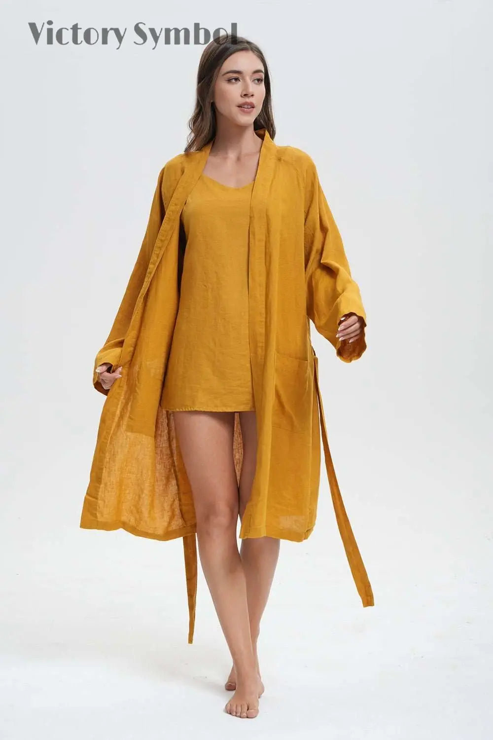 Ginger Yellow 100% Organic Linen Women's V - Neck Robes - Victory Symbol