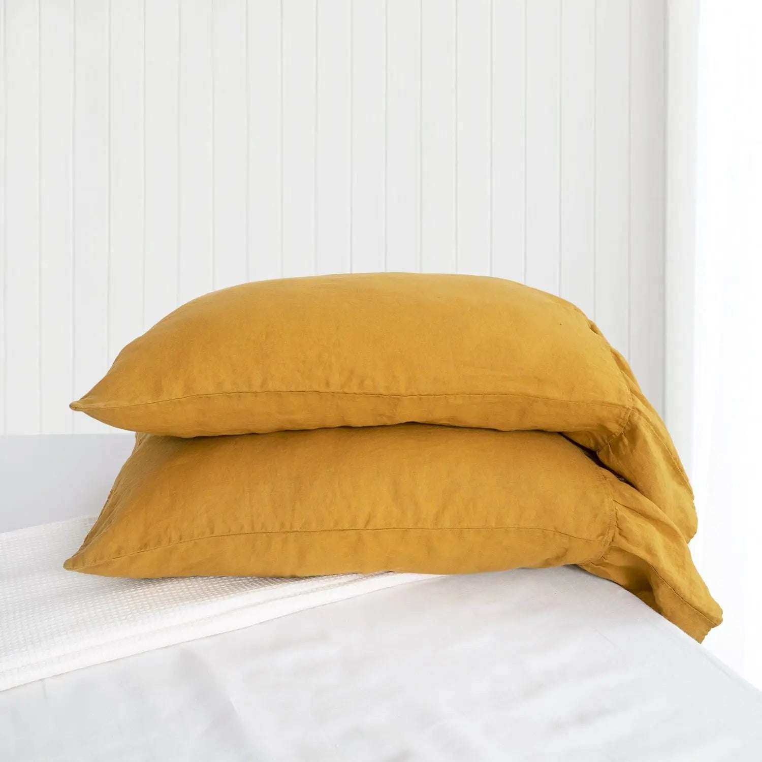 Ginger Yellow Fishtail Ruffle 100% Organic Linen Pillowcases.