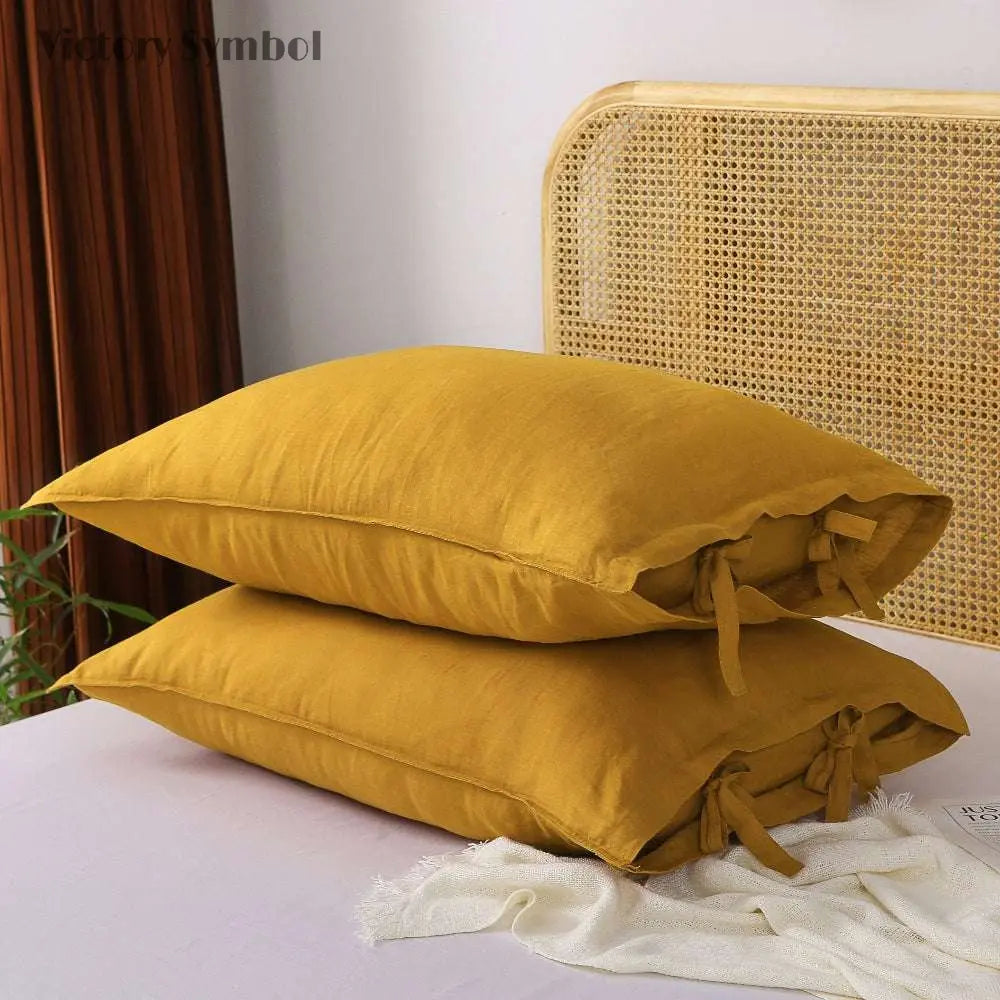 Ginger Yellow Ties Bow 100% Organic Linen Pillowcases - Victory Symbol