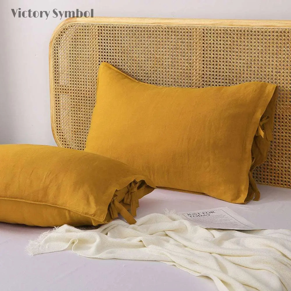 Ginger Yellow Ties Bow 100% Organic Linen Pillowcases - Victory Symbol