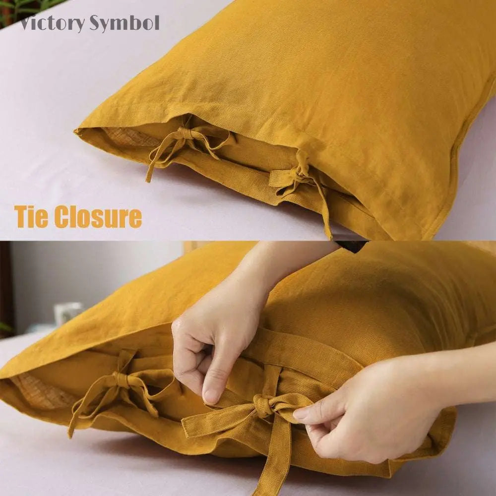 Ginger Yellow Ties Bow 100% Organic Linen Pillowcases - Victory Symbol