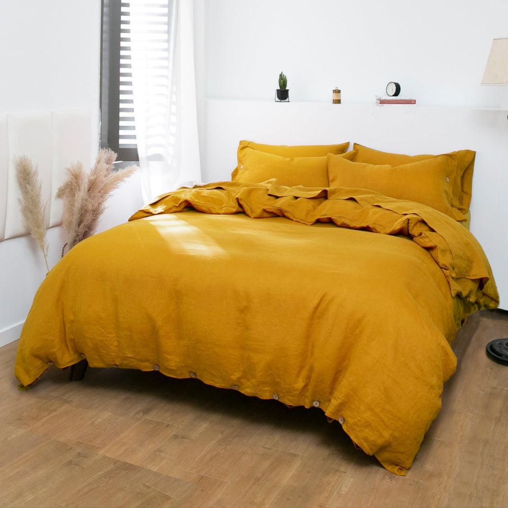 Ginger Yellow 100% Organic Linen Duvet Cover With Coconut Button Closure(Only 1 Piece).
