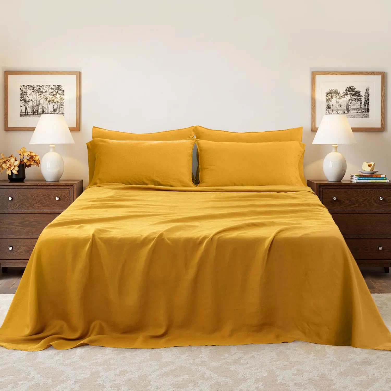 Ginger Yellow 100% Organic Linen Sheets Set-victory symbol