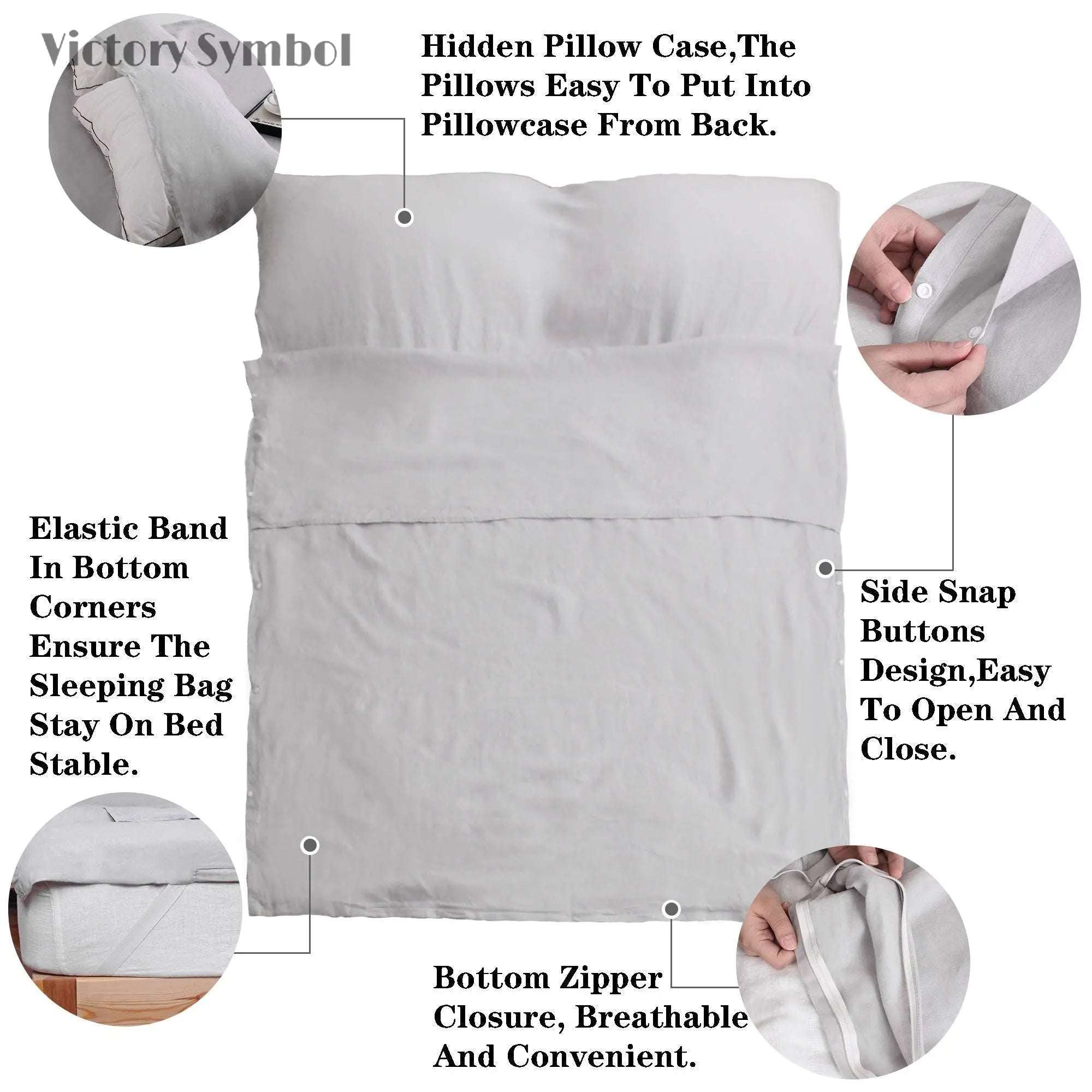 Gray 100% Linen Portable Bed Sheet,Sleeping Bag Liner for Hotel and Travel,Sleep Sack Adult - Ultra Lightweight Backpacking with Zipper - Victory Symbol