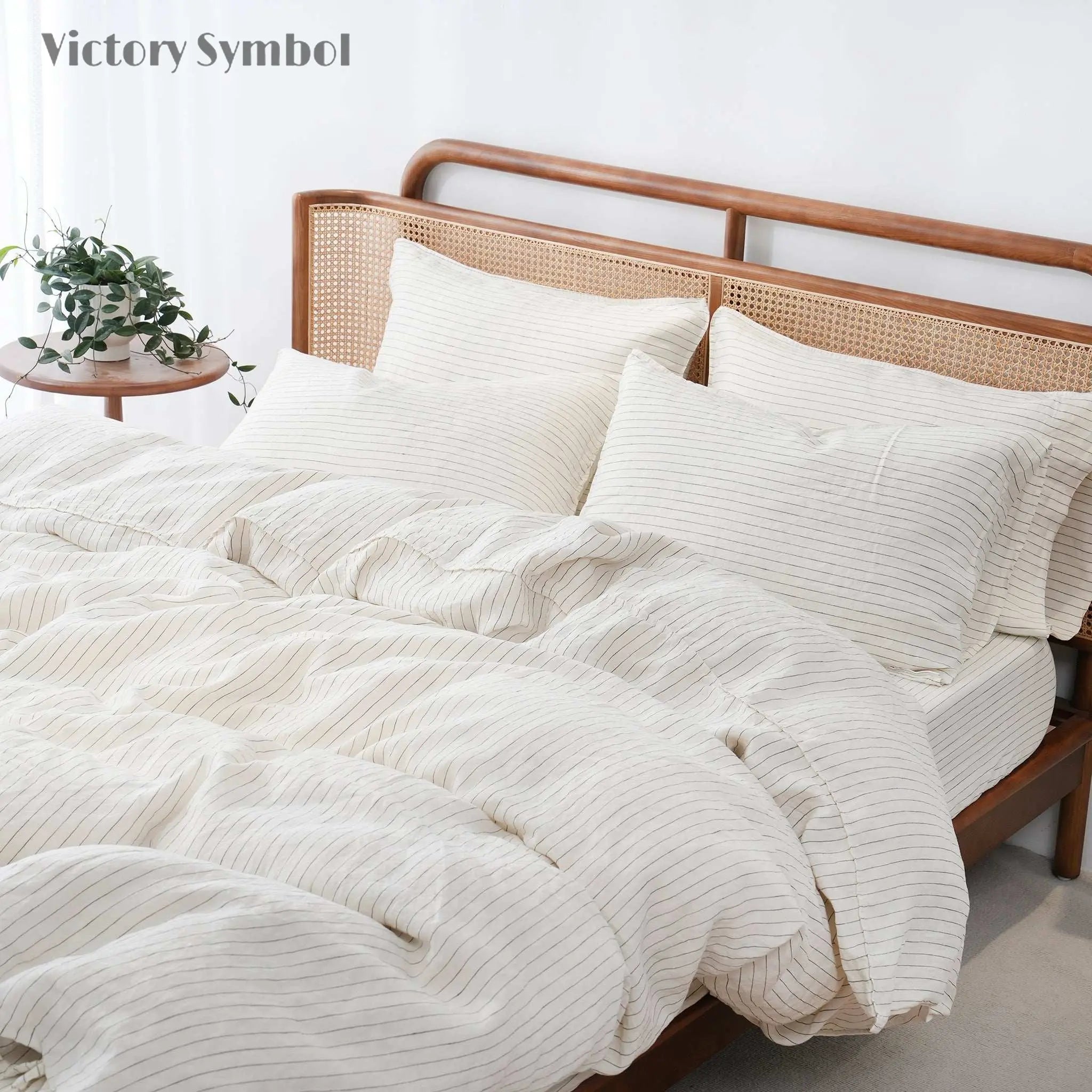 Green Pinstripe 100% Organic Linen Yarn Dyed Duvet Cover(Only 1 Piece) - Victory Symbol