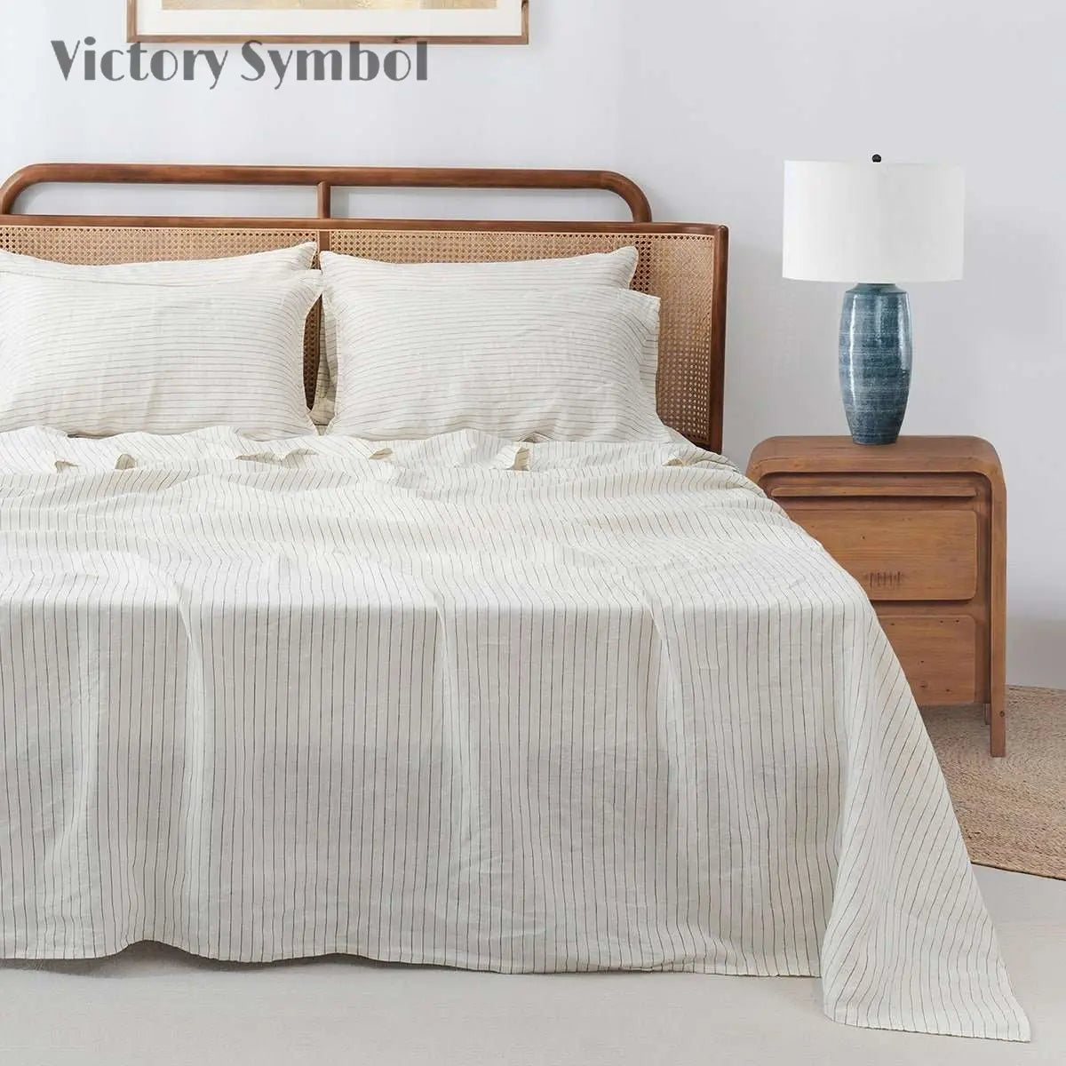 Green Pinstripe 100% Organic Linen Yarn Dyed Flat Sheet - Victory Symbol