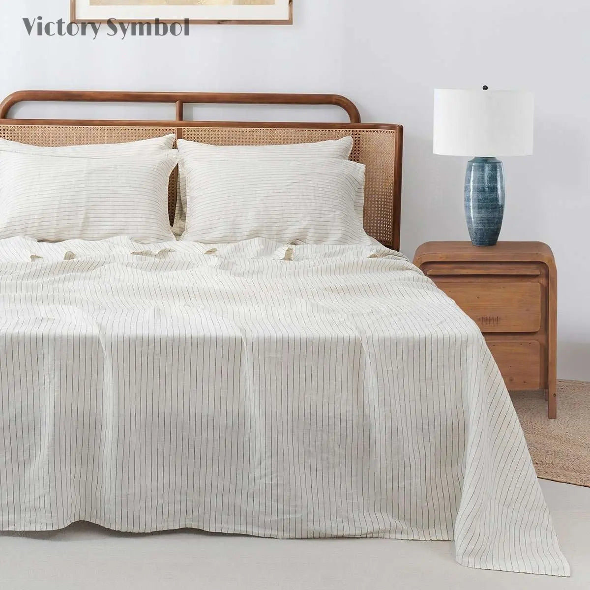 Green Pinstripe 100% Organic Linen Yarn Dyed Flat Sheet - Victory Symbol