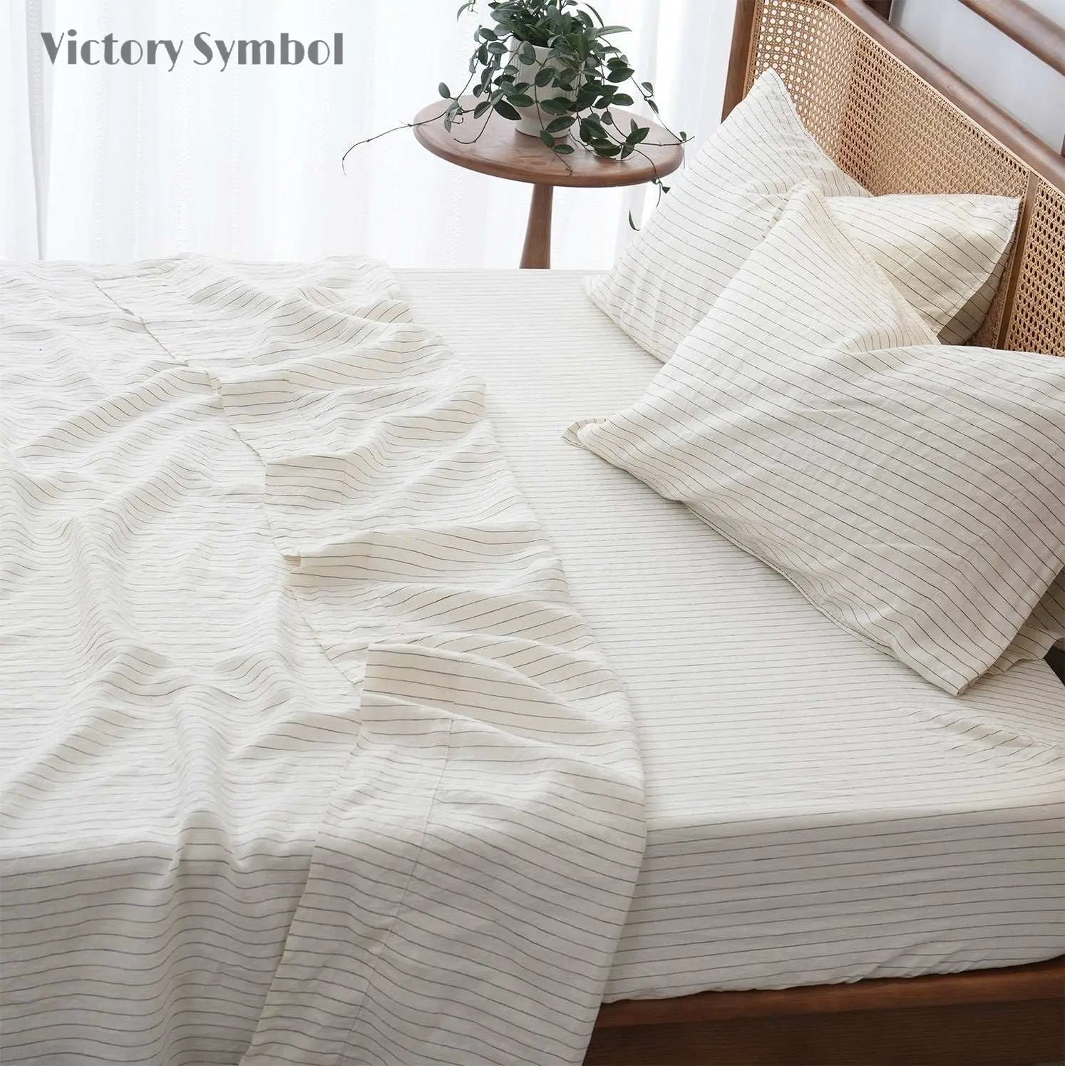 Green Pinstripe 100% Organic Linen Yarn Dyed Flat Sheet - Victory Symbol