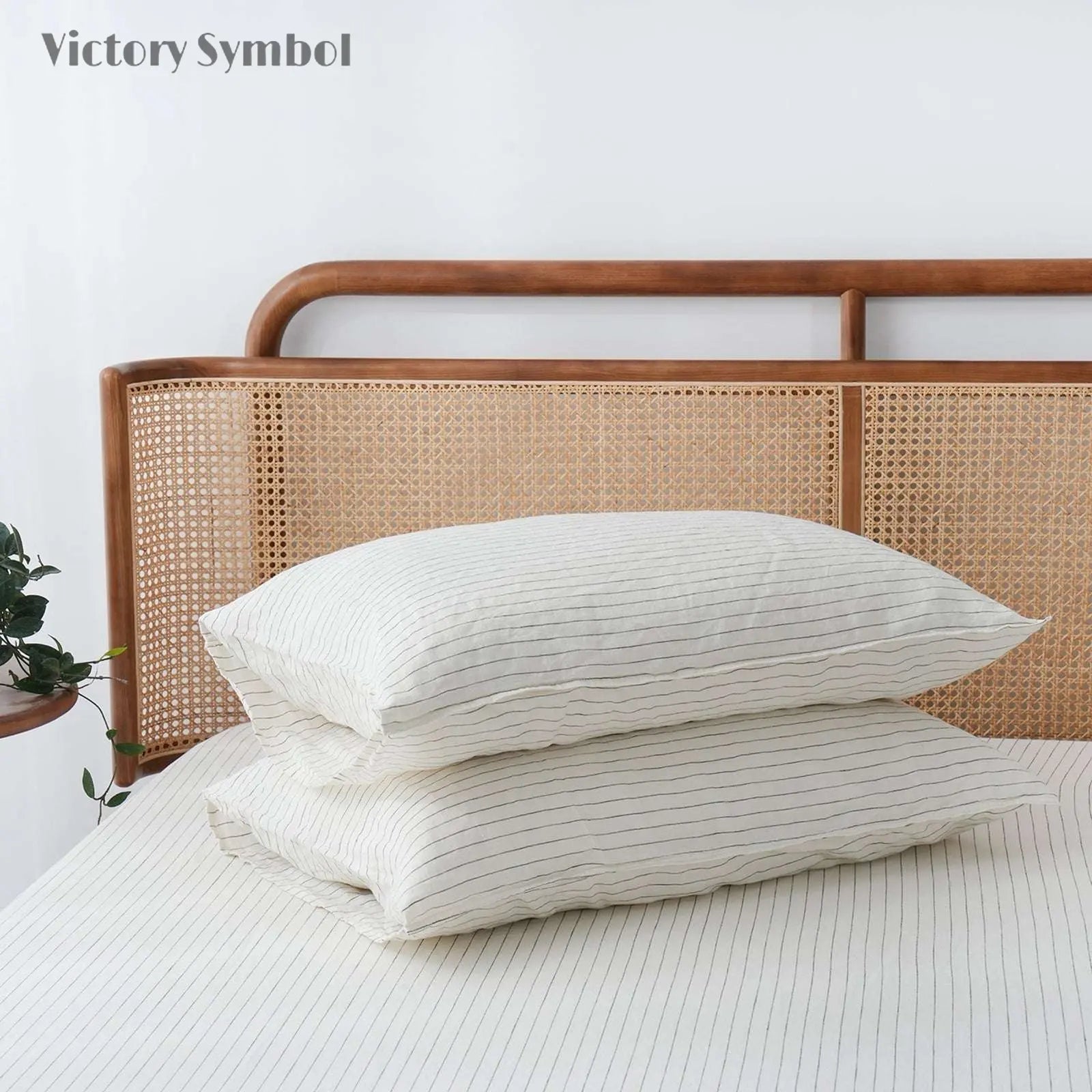 Green Pinstripe 100% Organic Linen Yarn Dyed Pillowcases - Victory Symbol