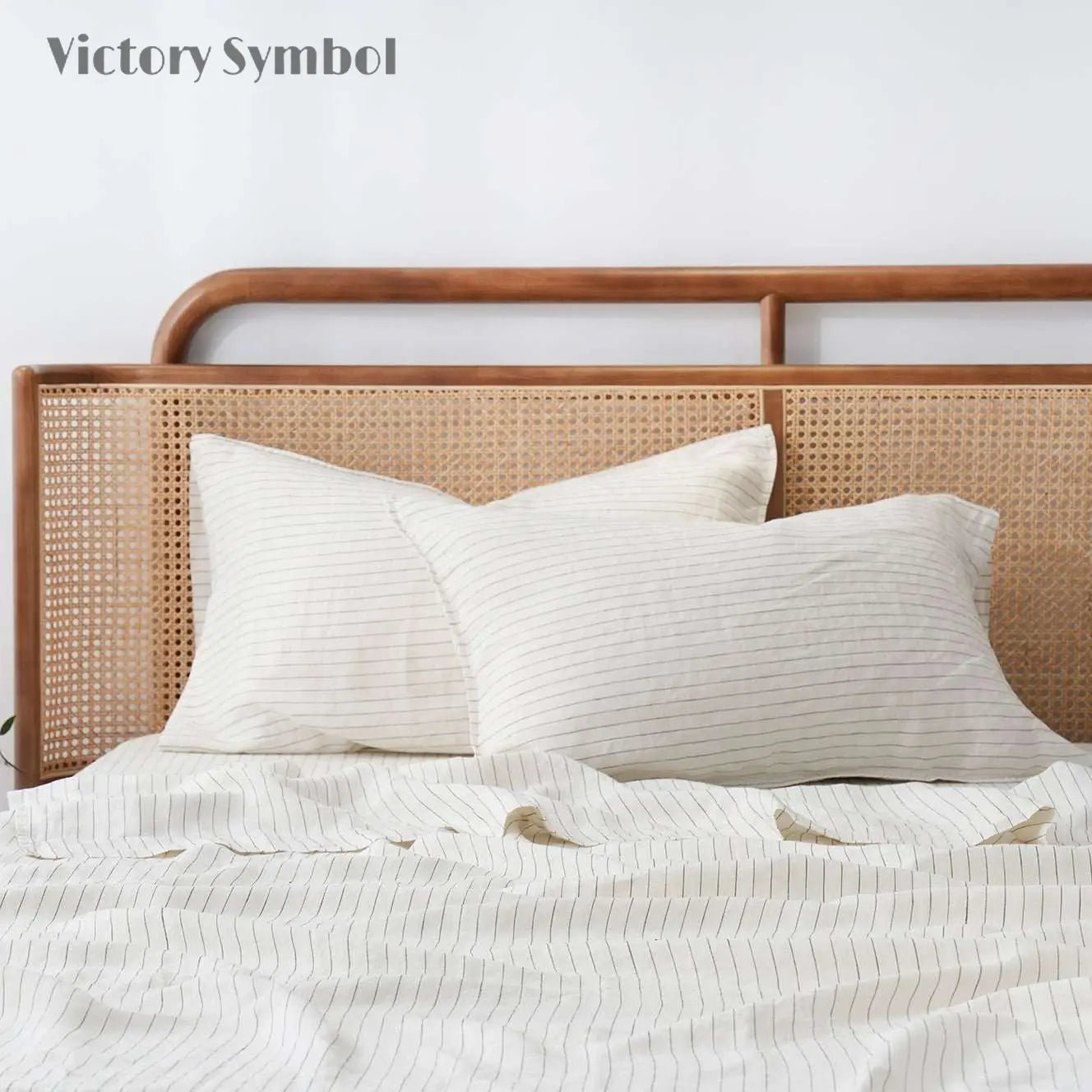 Green Pinstripe 100% Organic Linen Yarn Dyed Pillowcases - Victory Symbol