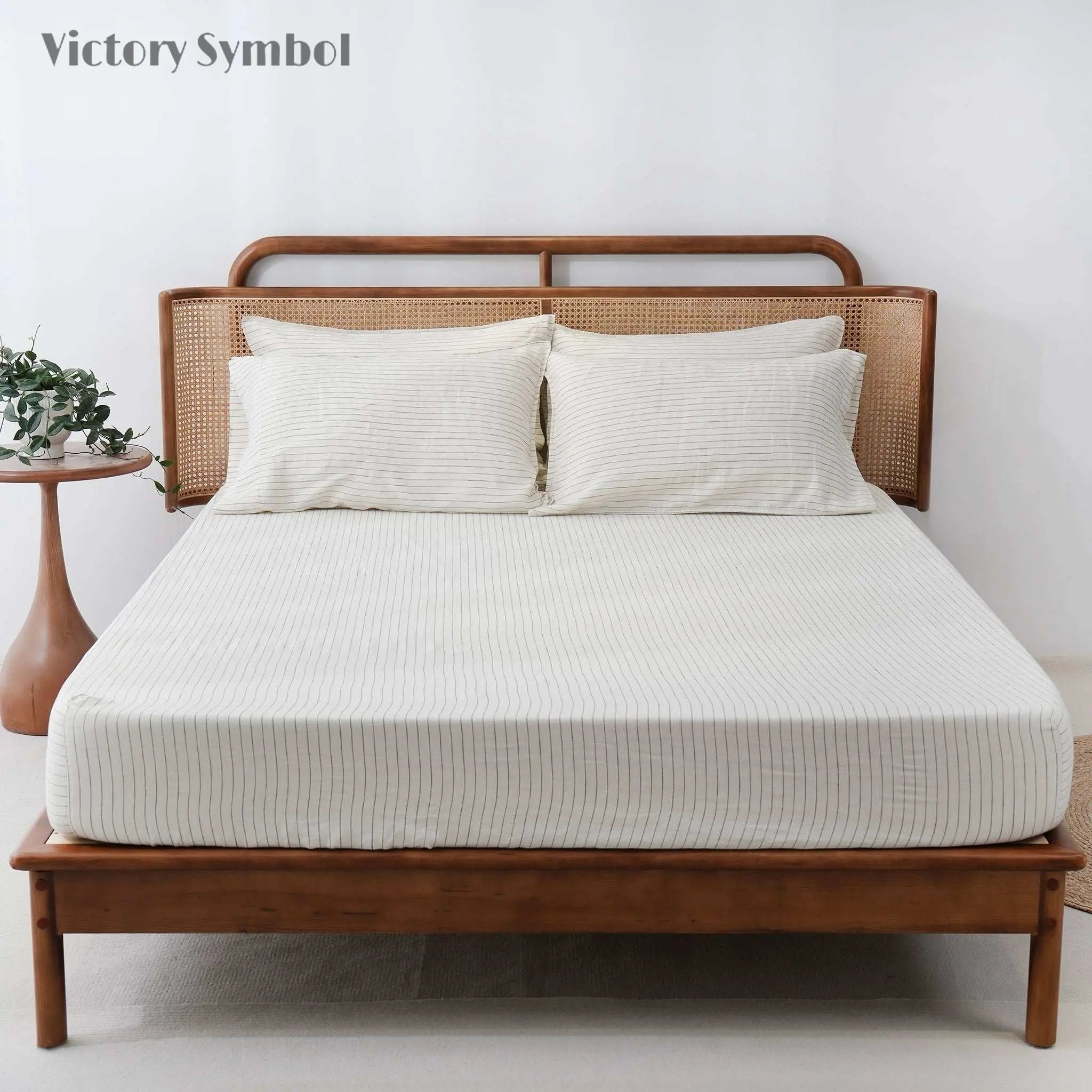 Green Pinstripe 100% Organic Linen Yarn Dyed Sheets Set - Victory Symbol