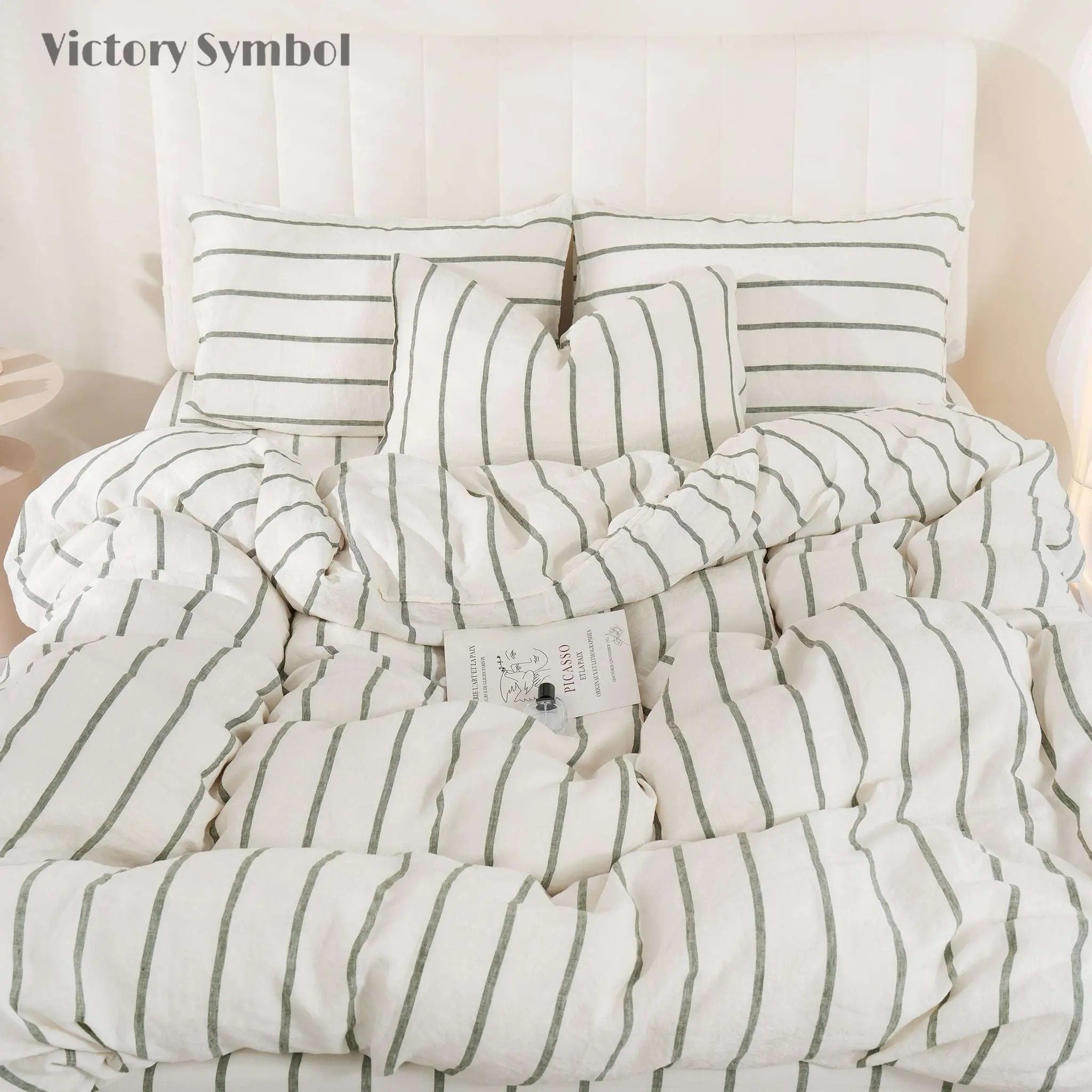 Green Vertical Stripe 100% Organic Linen Yarn Dyed Duvet Cover(Only 1 Piece).