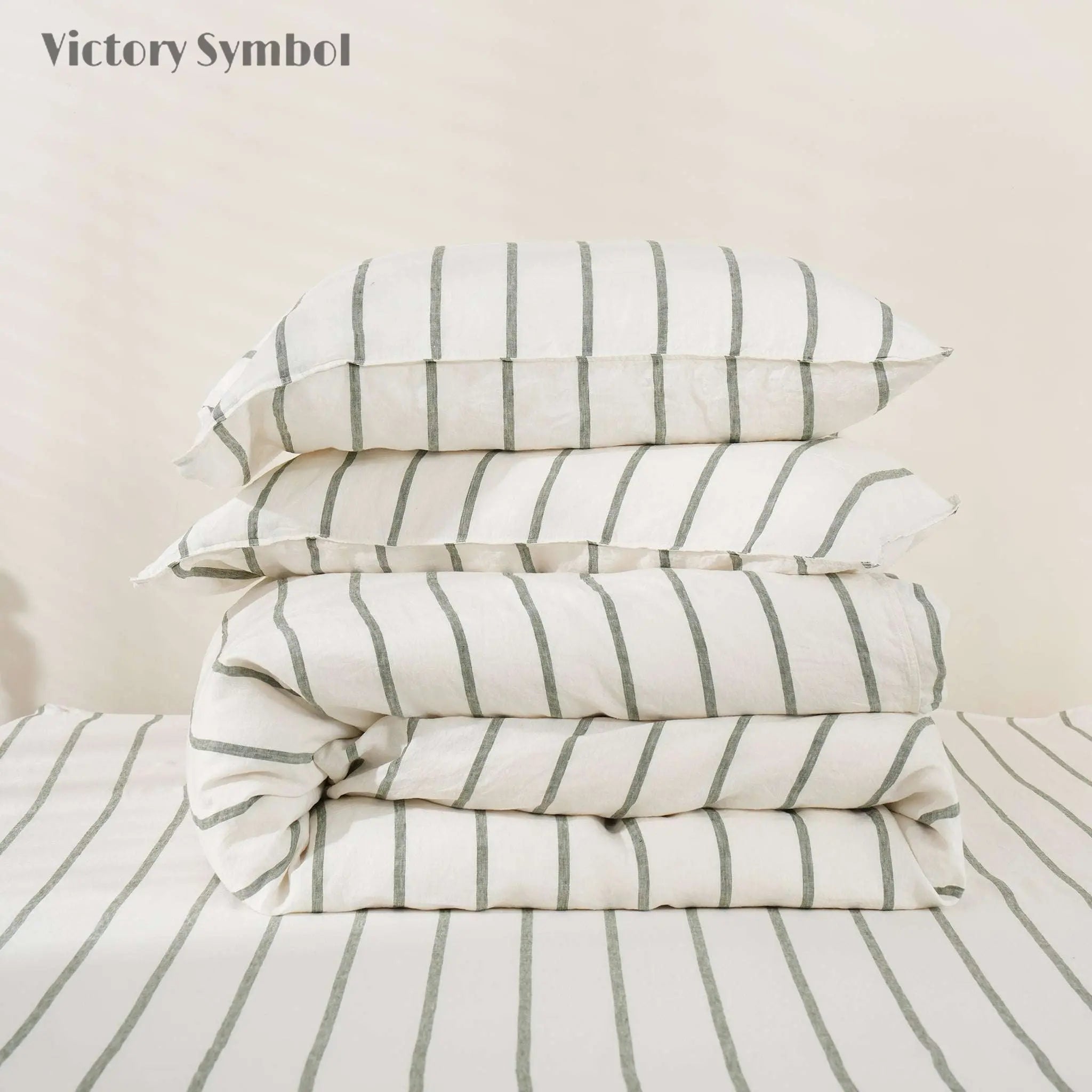 Green Vertical Stripe 100% Organic Linen Yarn Dyed Duvet Cover Set - Victory Symbol