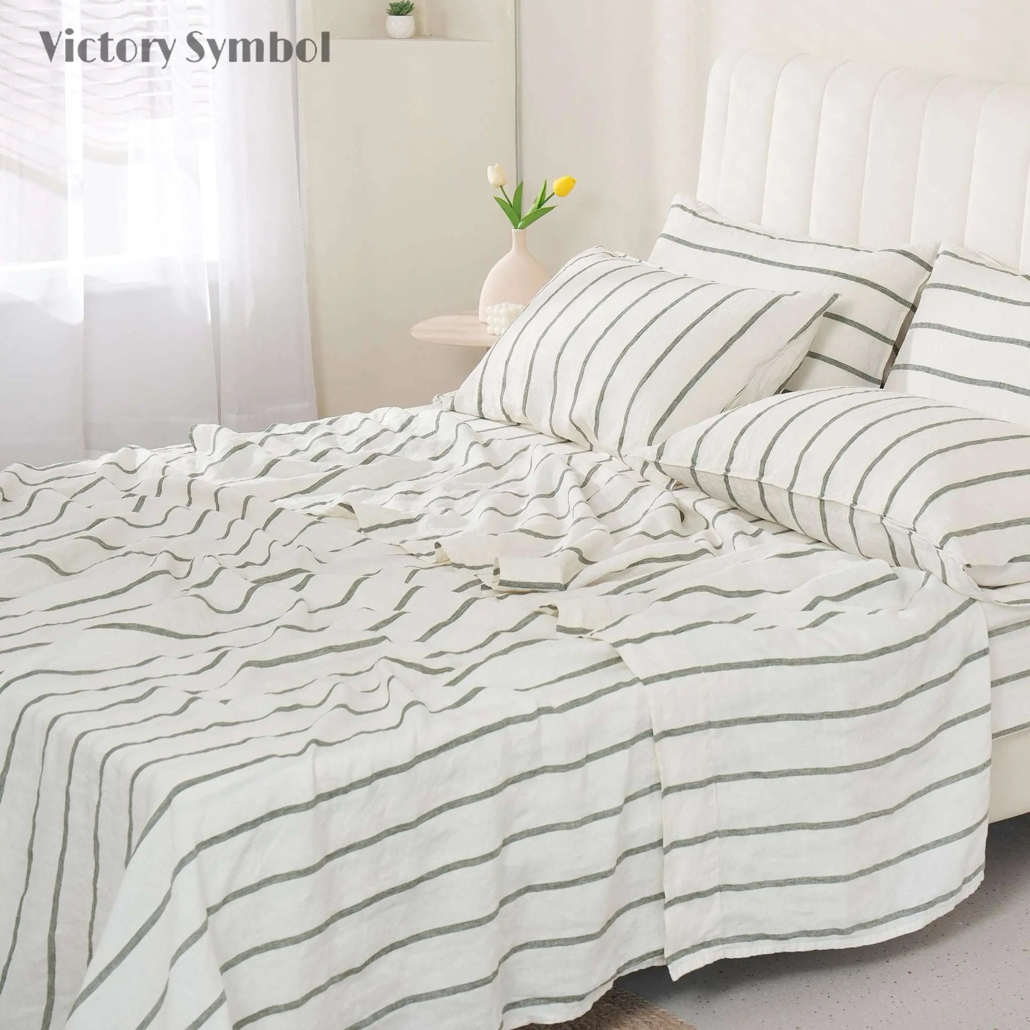 Green Vertical Stripe 100% Organic Linen Yarn Dyed Flat Sheet - Victory Symbol