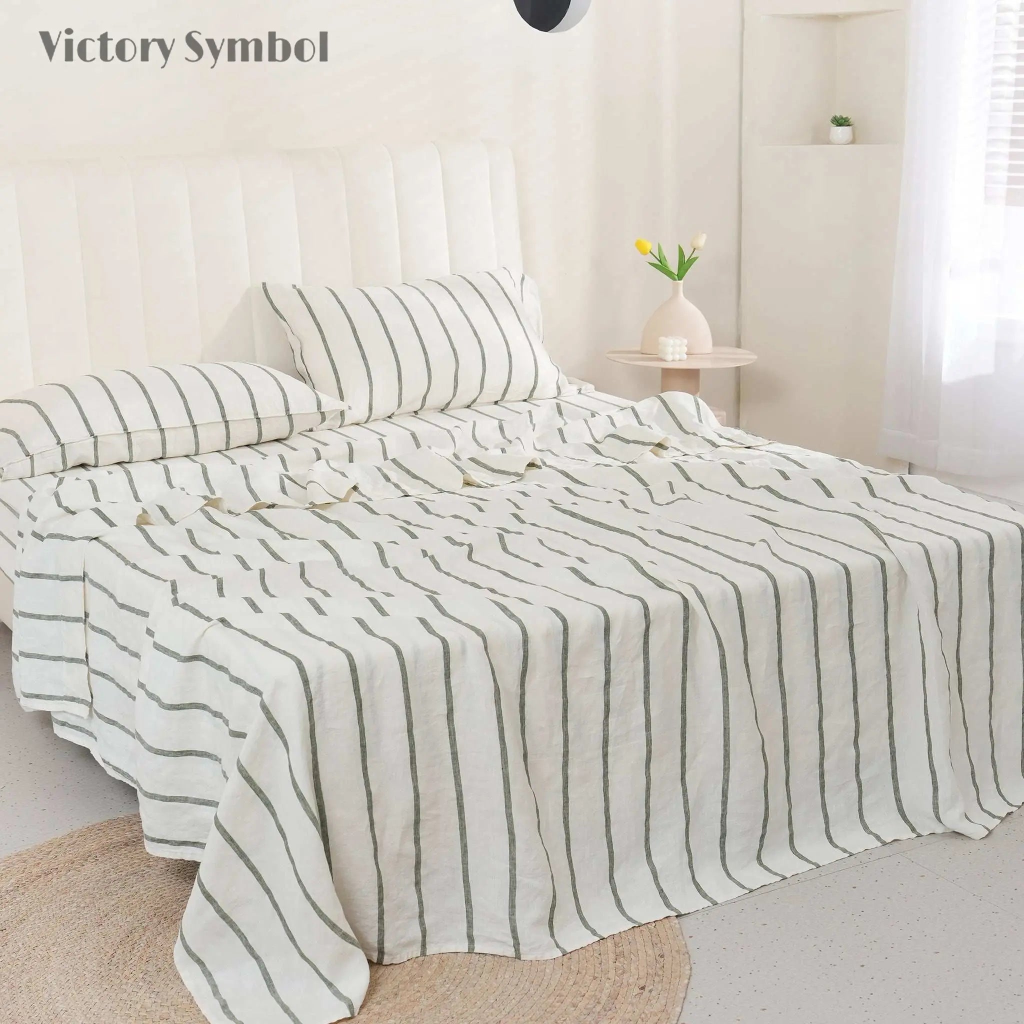 Green Vertical Stripe 100% Organic Linen Yarn Dyed Flat Sheet - Victory Symbol
