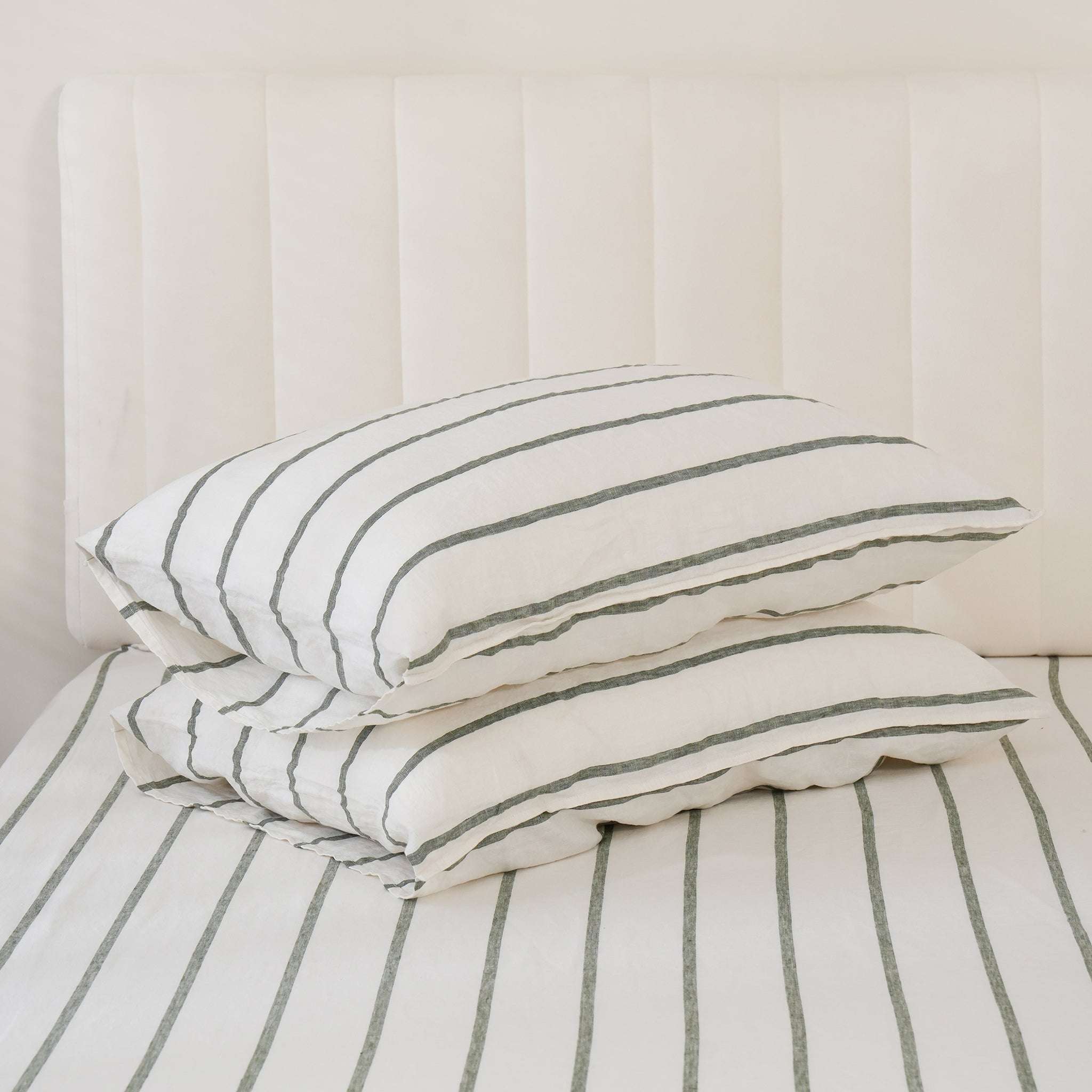Green Vertical Stripe 100% Organic Linen Yarn Dyed Pillowcases