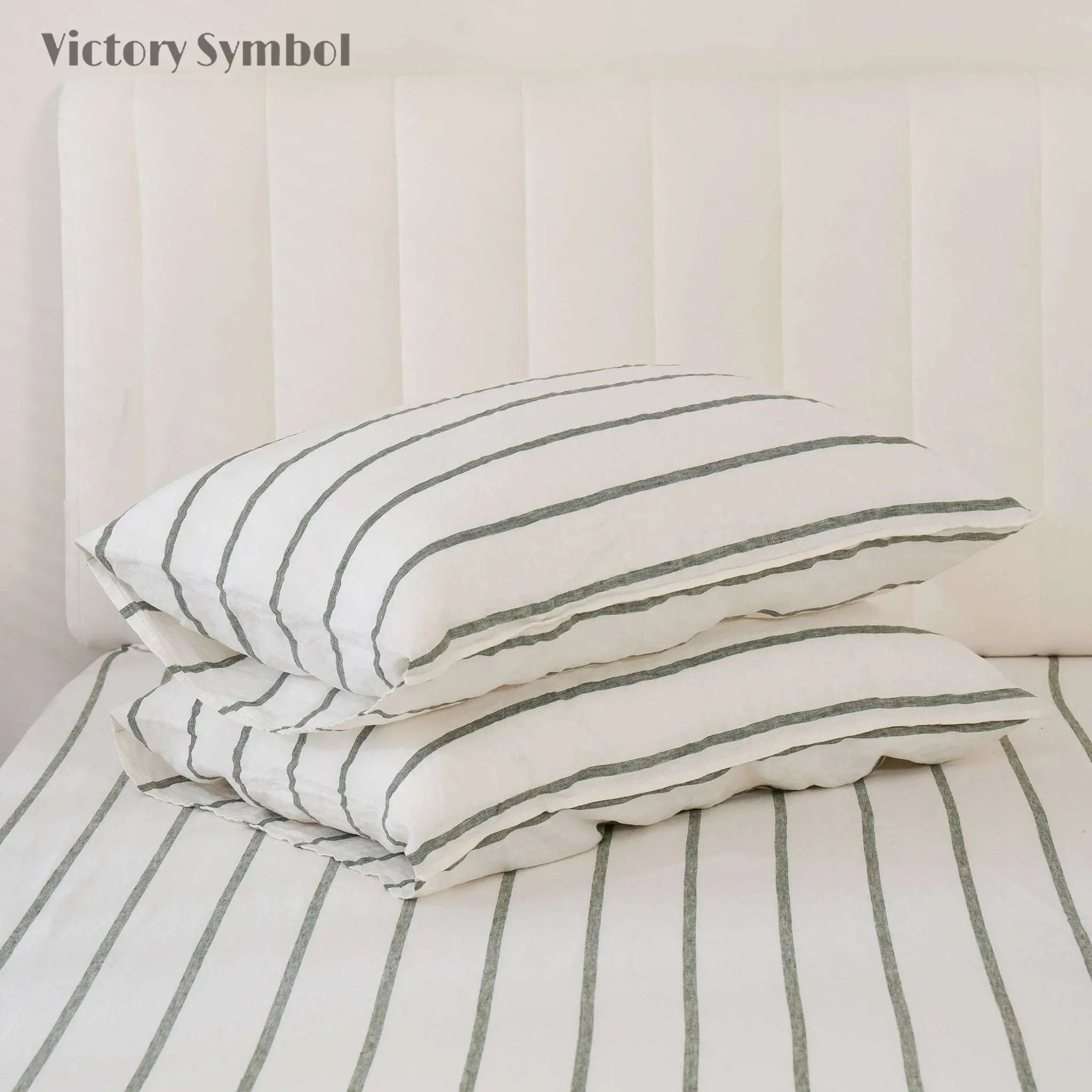Green Vertical Stripe 100% Organic Linen Yarn Dyed Pillowcases - Victory Symbol