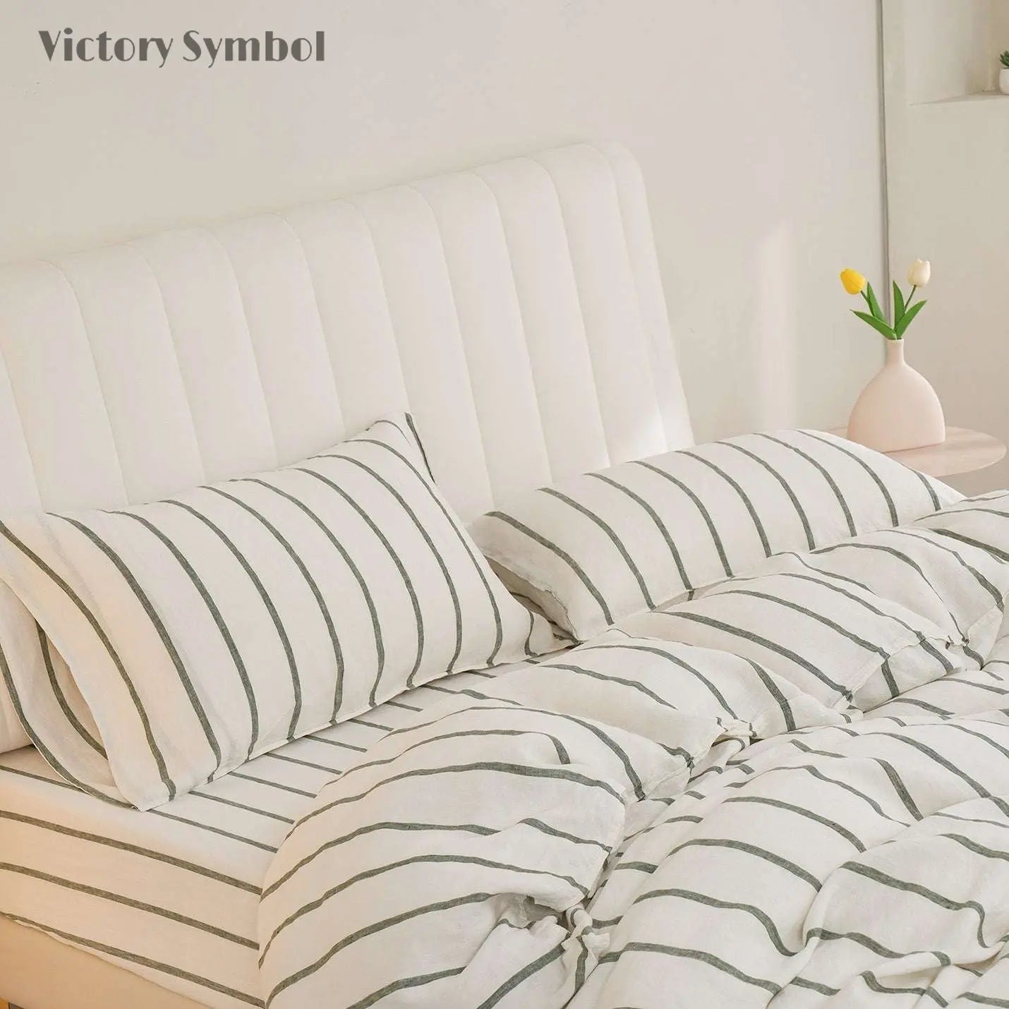 Green Vertical Stripe 100% Organic Linen Yarn Dyed Pillowcases - Victory Symbol