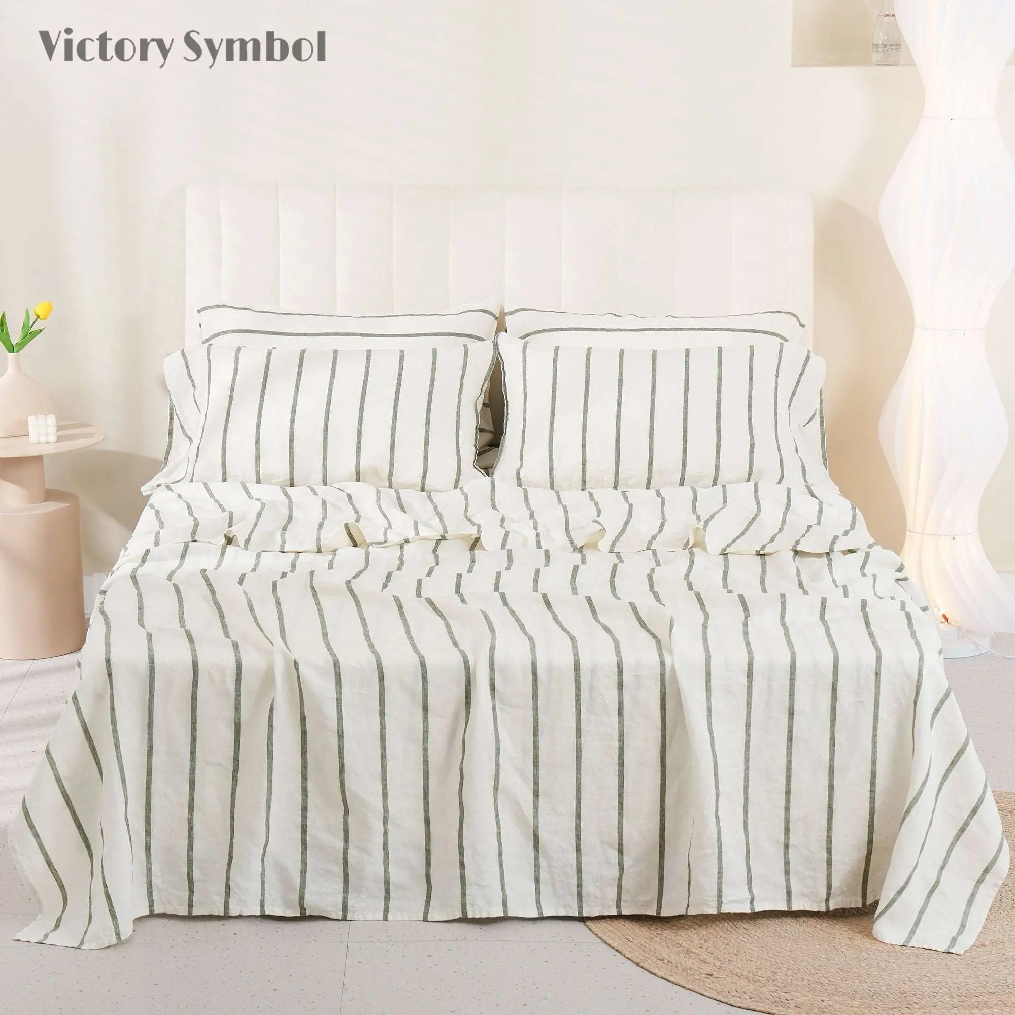 Green Vertical Stripe 100% Organic Linen Yarn Dyed Sheets Set - Victory Symbol
