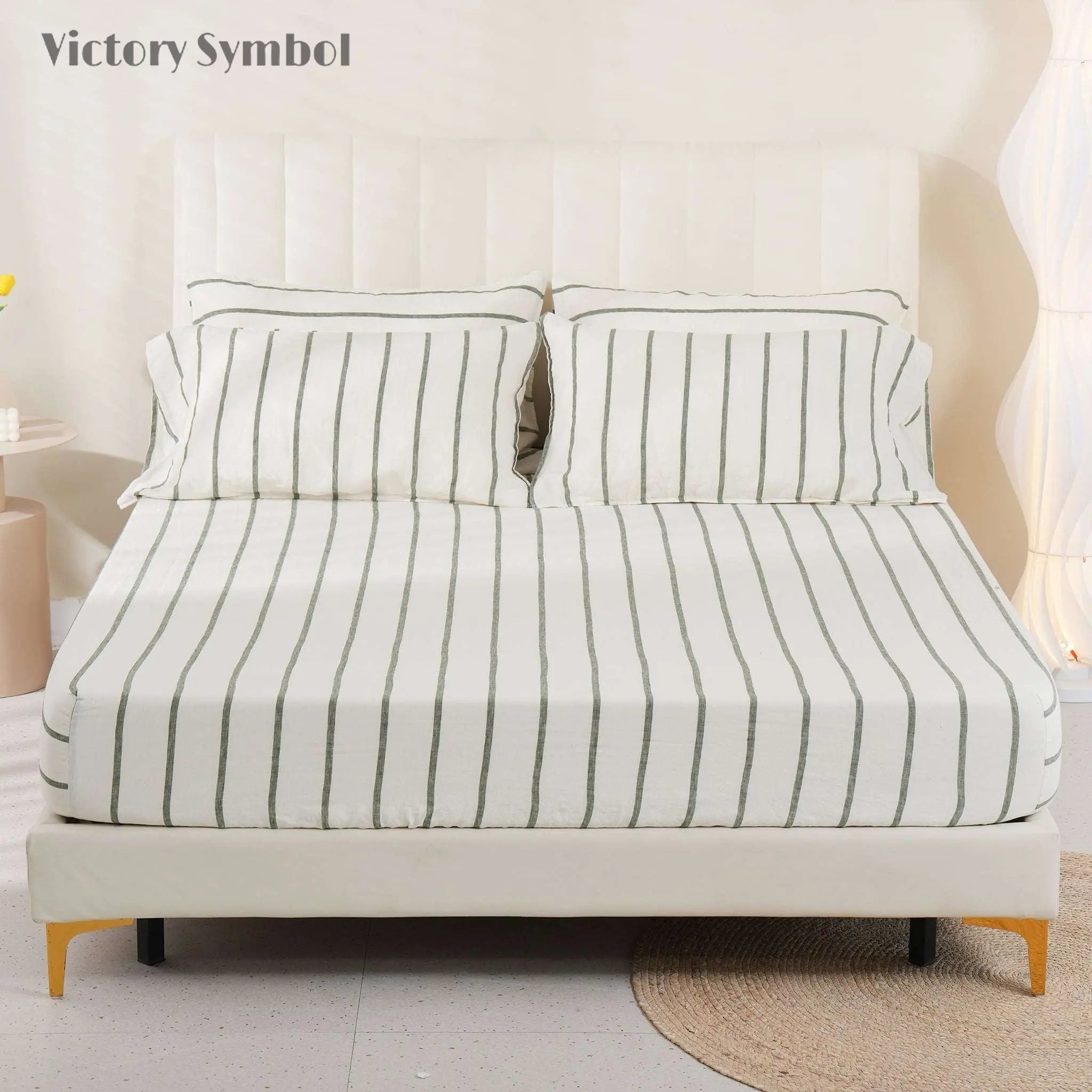 Green Vertical Stripe 100% Organic Linen Yarn Dyed Sheets Set - Victory Symbol